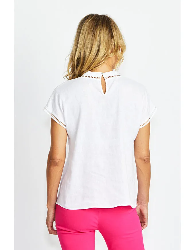 Jade Linen Trim Top White