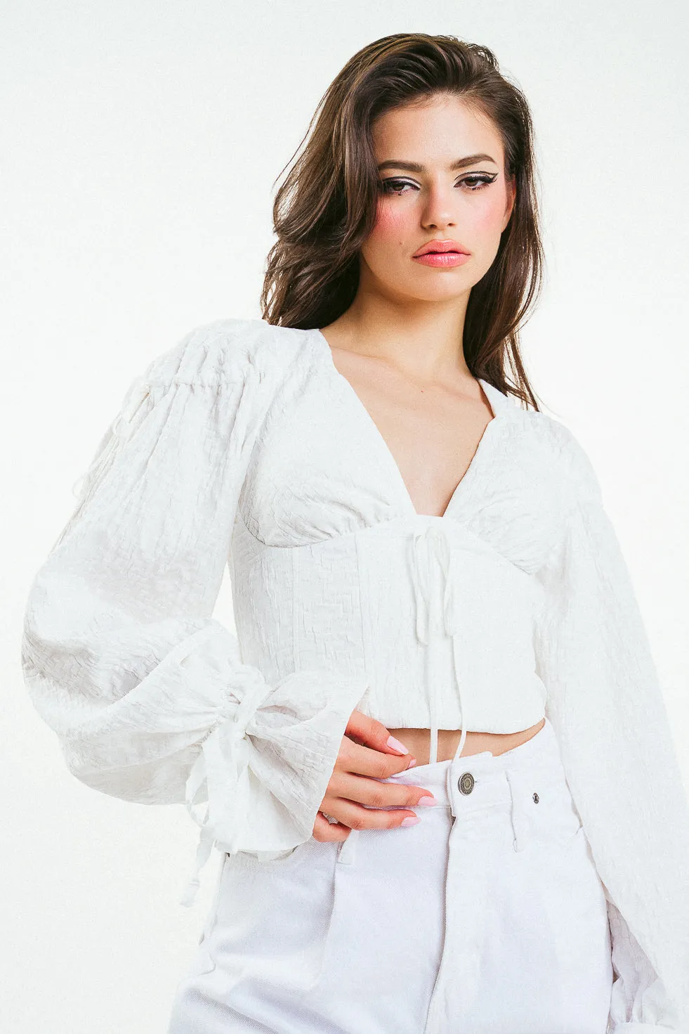 'JENNA' Cropped Corset White Textured Cotton Blouse