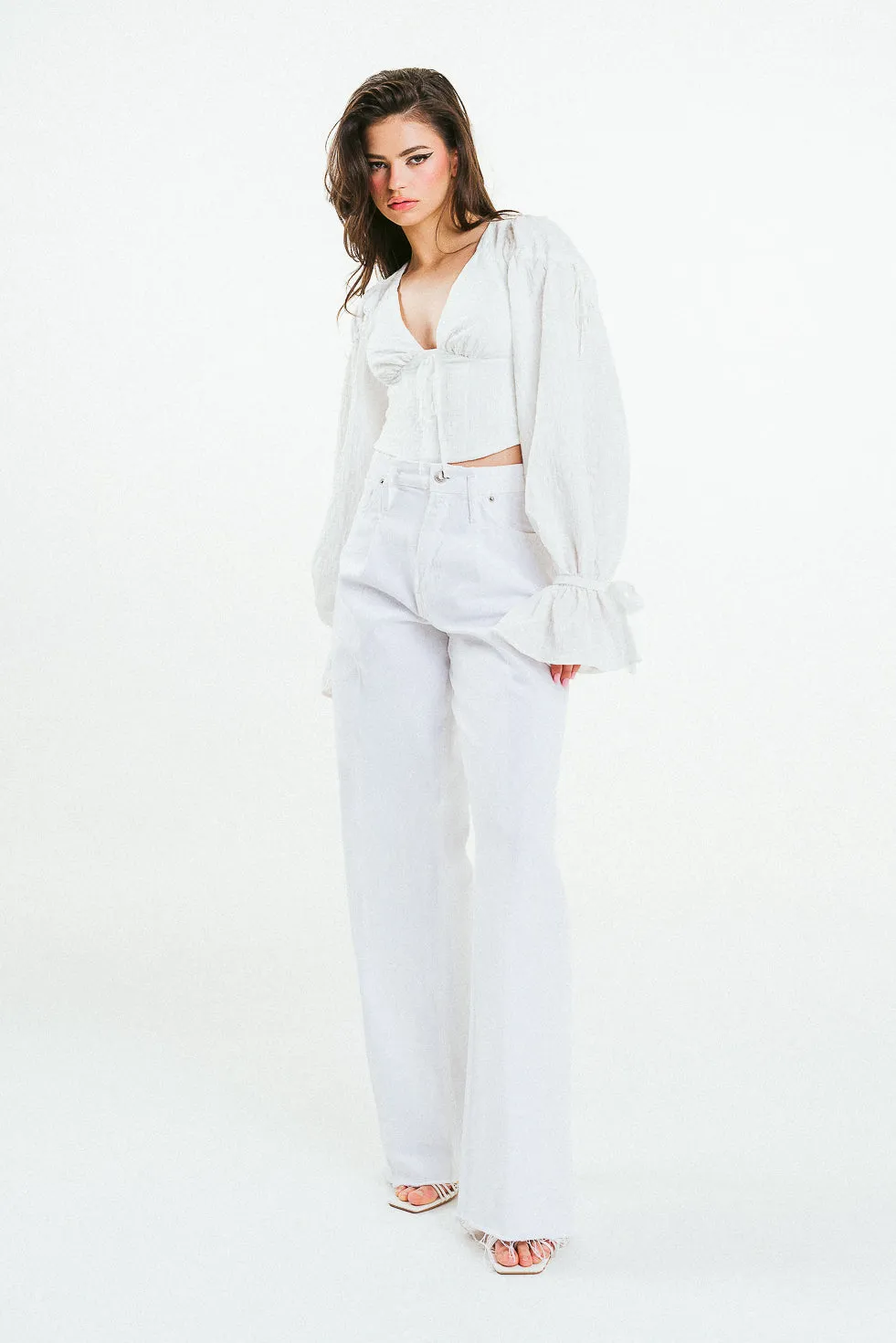 'JENNA' Cropped Corset White Textured Cotton Blouse