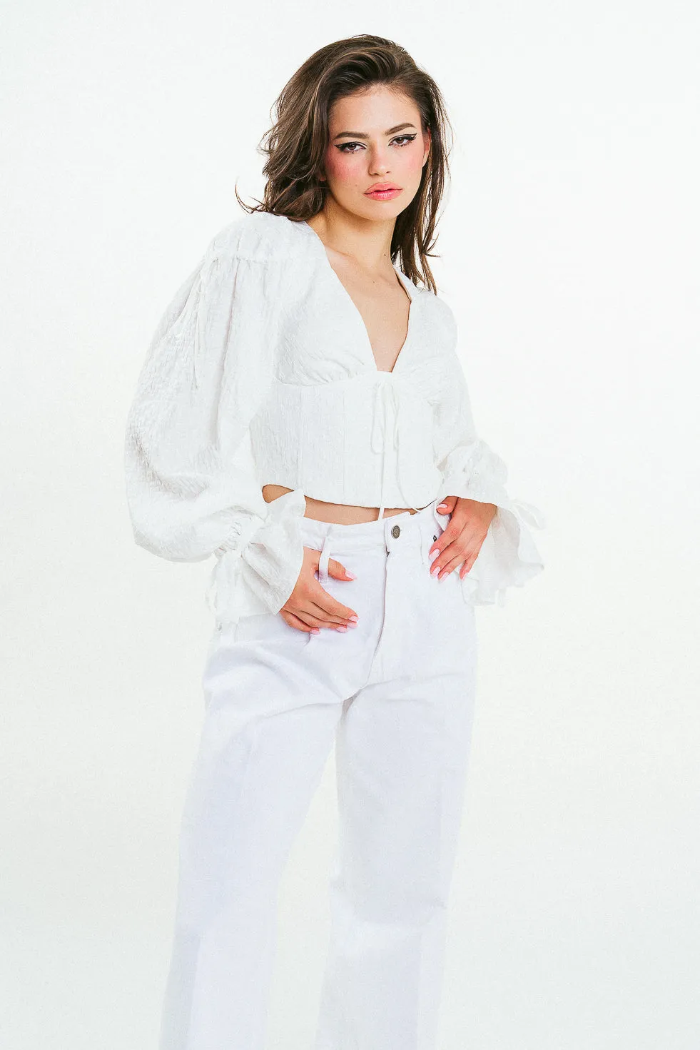 'JENNA' Cropped Corset White Textured Cotton Blouse