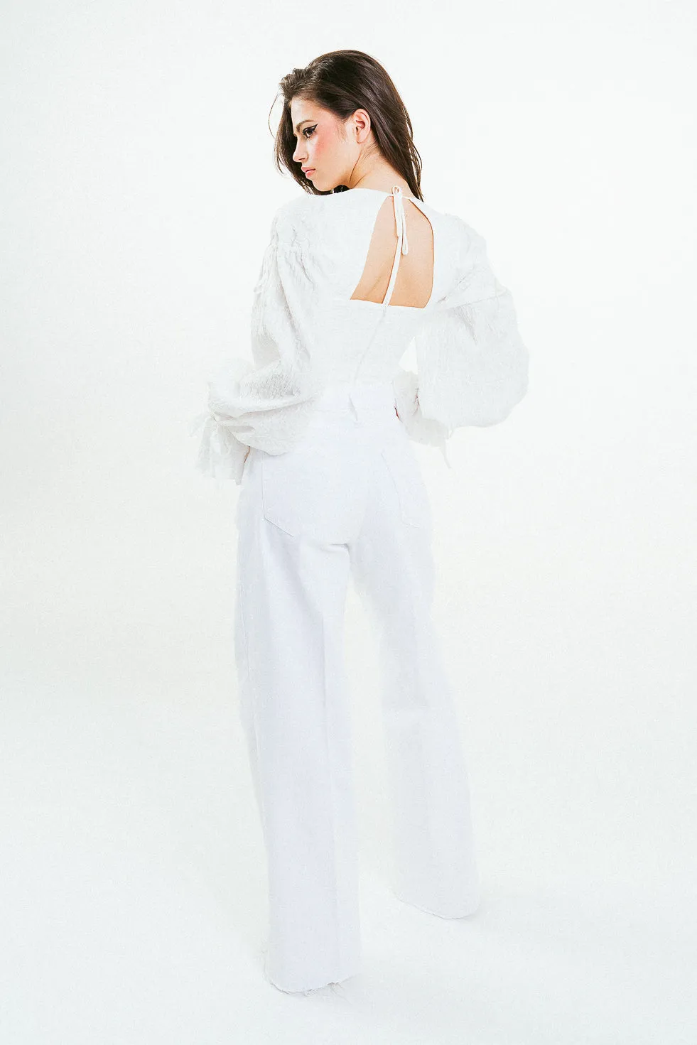 'JENNA' Cropped Corset White Textured Cotton Blouse