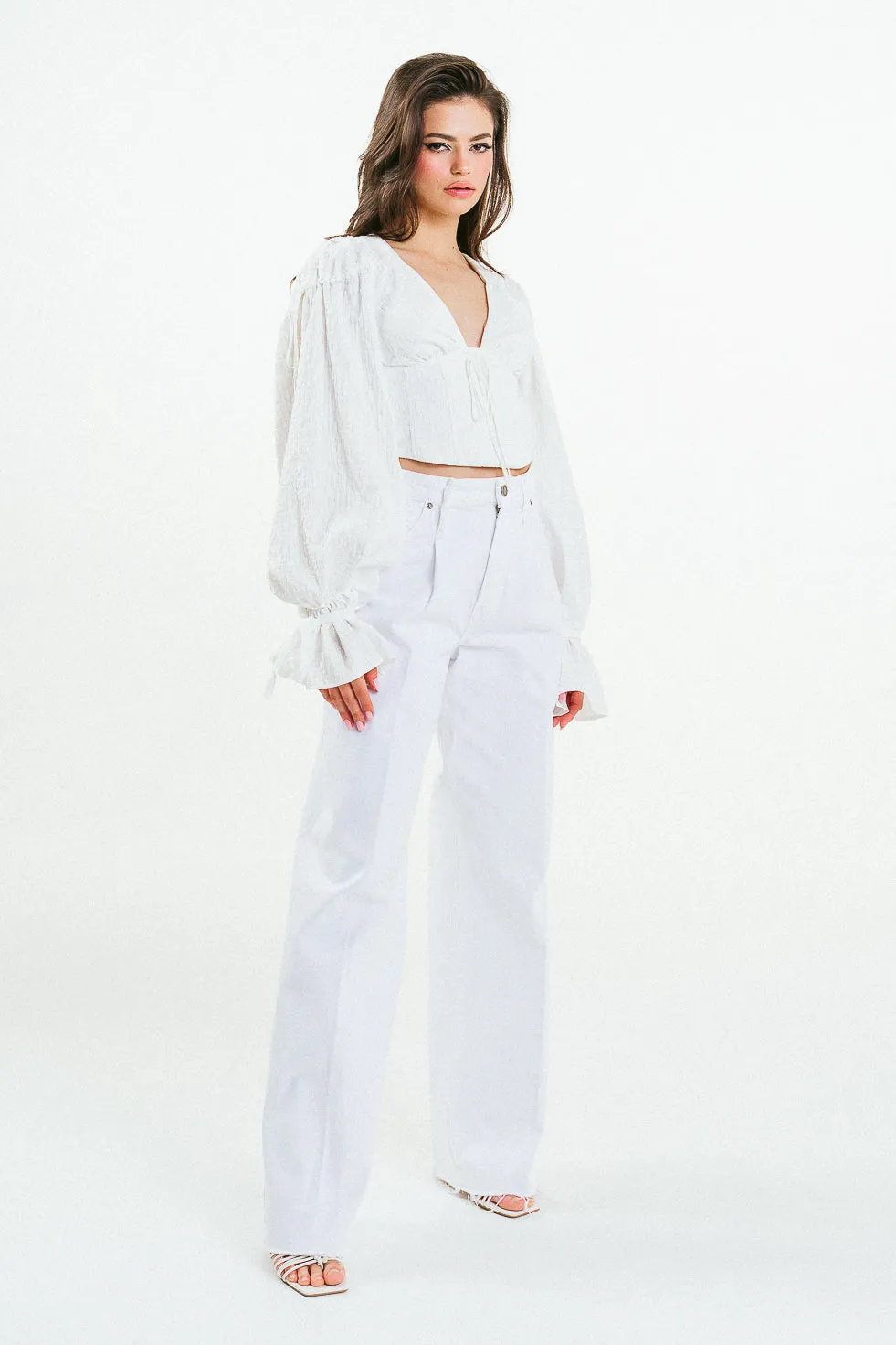 'JENNA' Cropped Corset White Textured Cotton Blouse