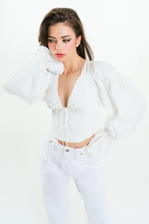 'JENNA' Cropped Corset White Textured Cotton Blouse