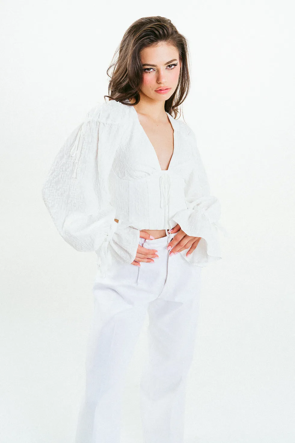 'JENNA' Cropped Corset White Textured Cotton Blouse