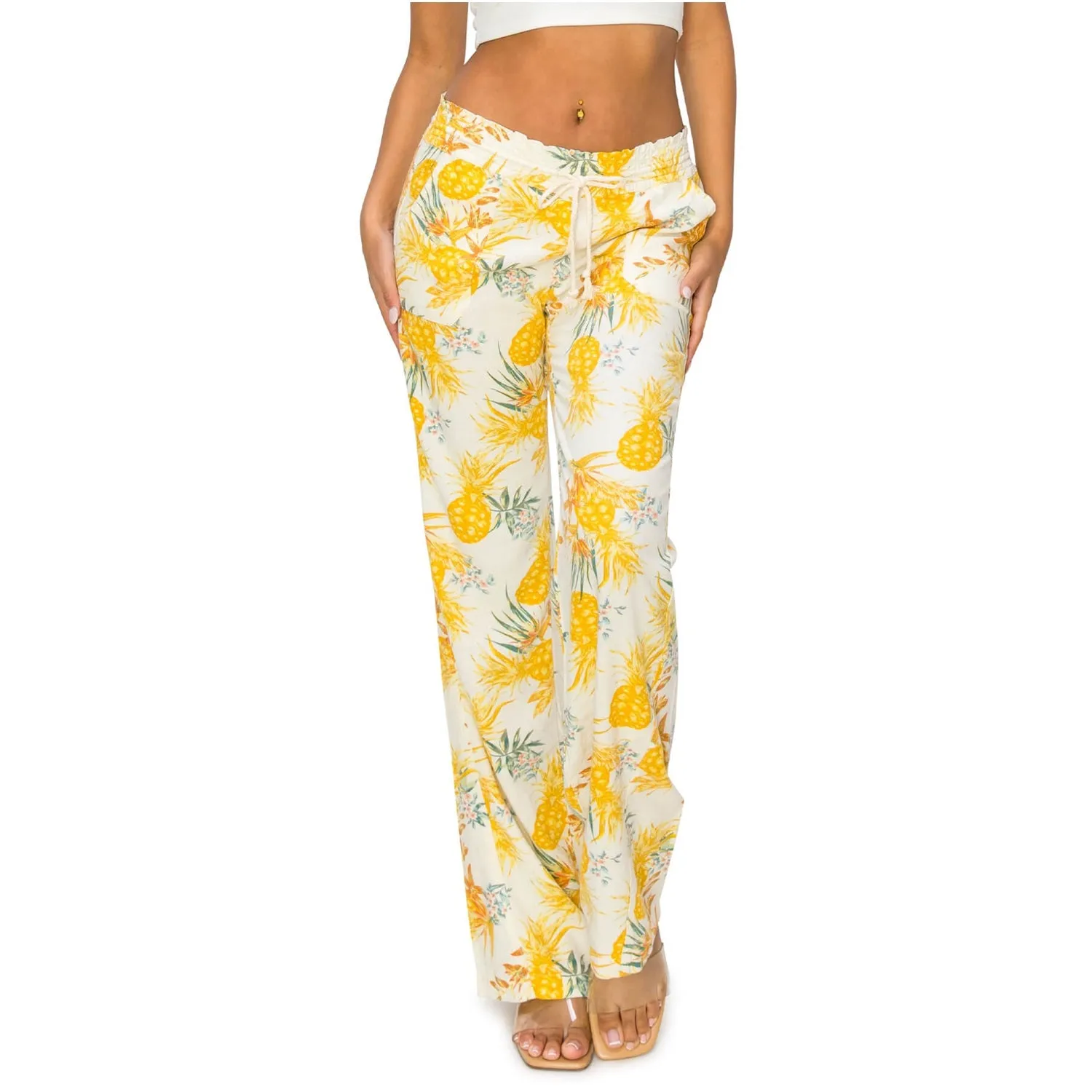 Linen Pants 32" Inseam Drawstring Smocked Waist Printed Beach Pants - Pineapple