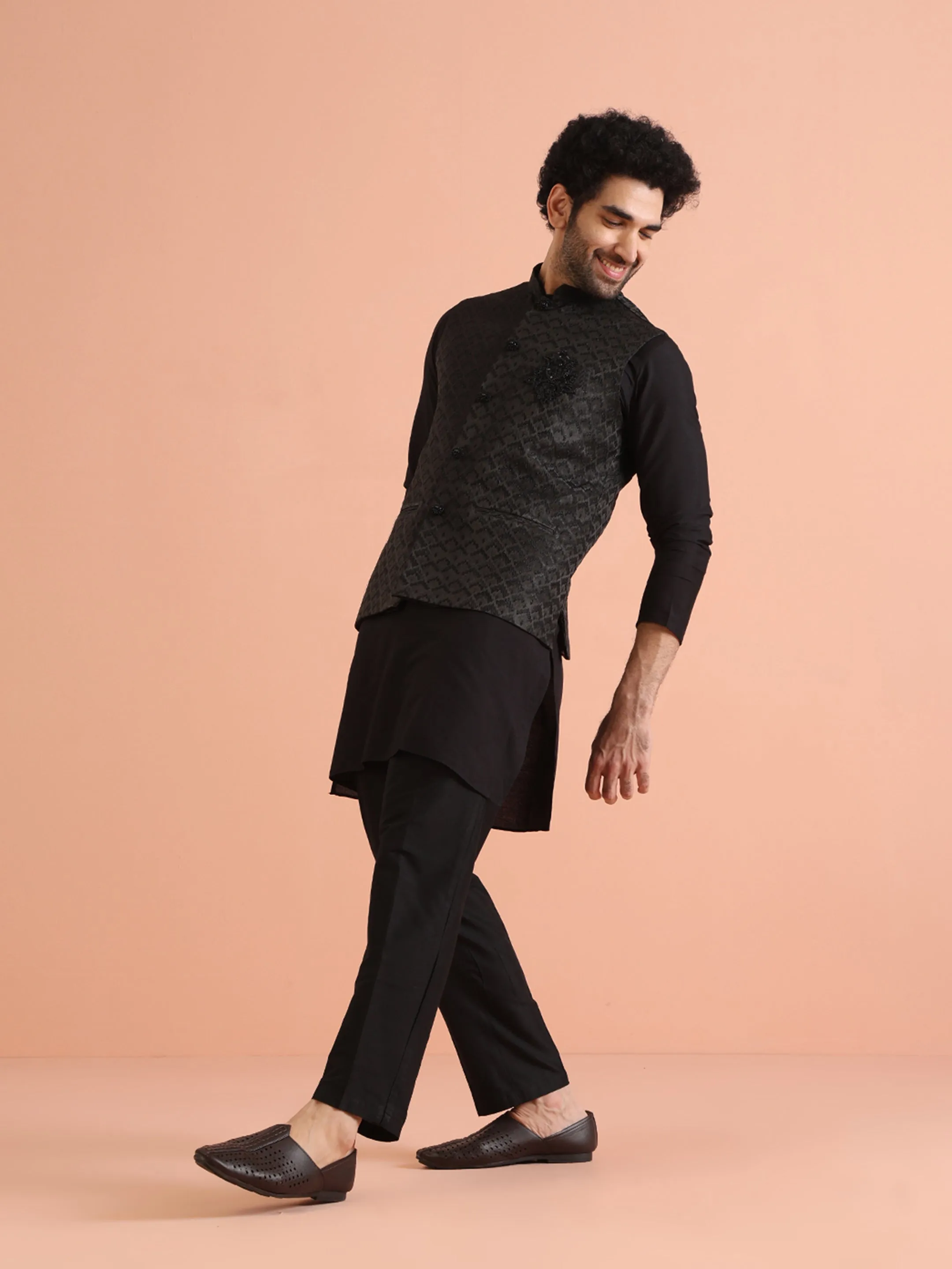 Men Black Woven Design Kurta Jacket Trousers Set