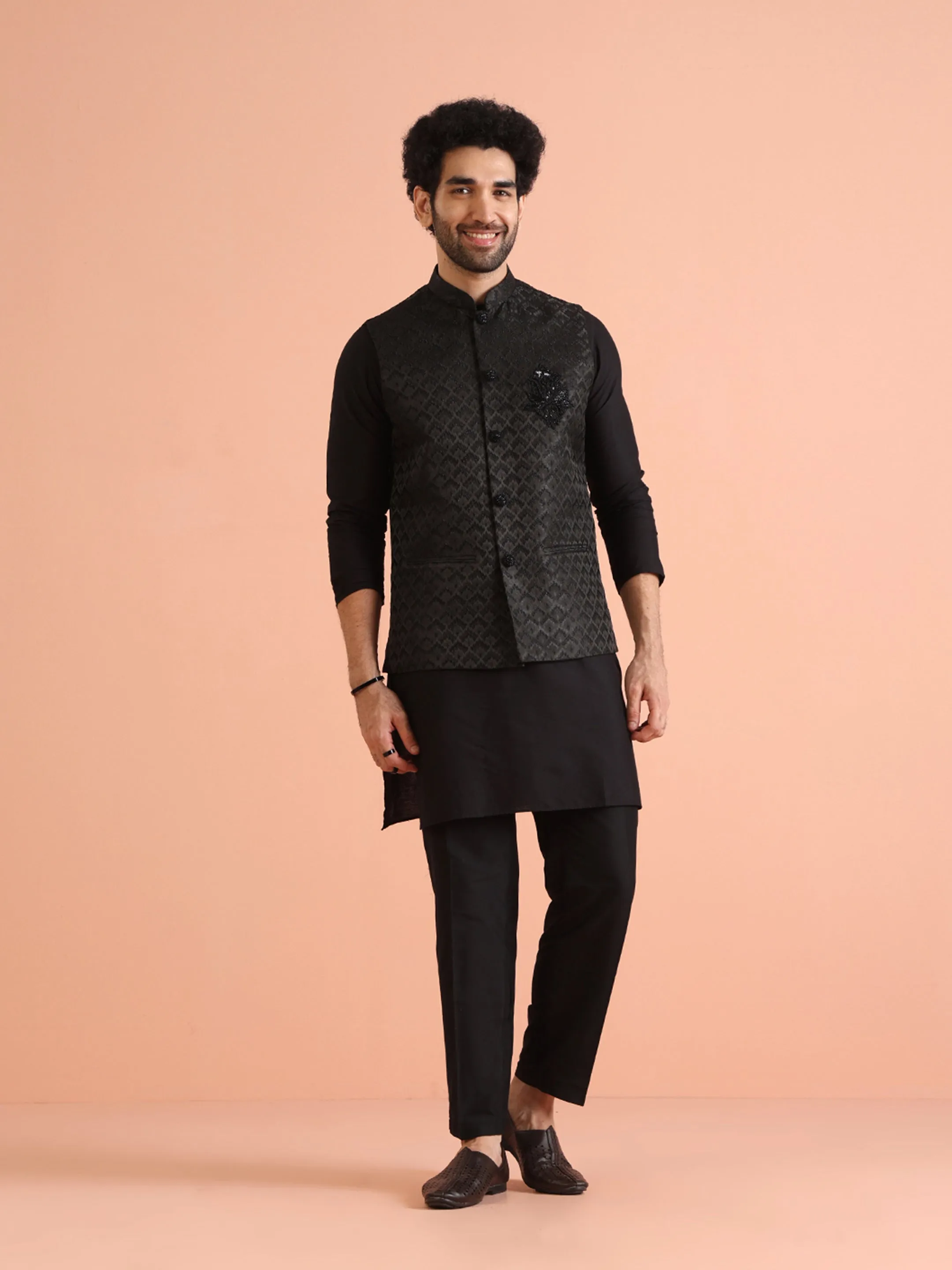 Men Black Woven Design Kurta Jacket Trousers Set