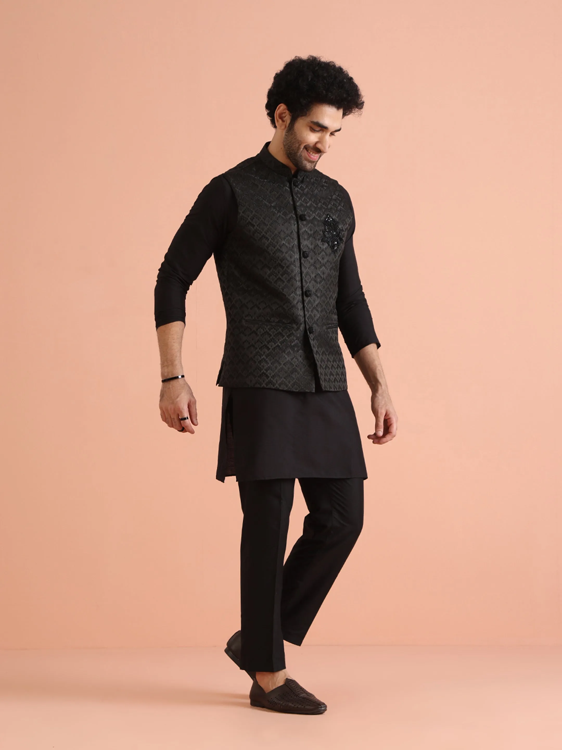 Men Black Woven Design Kurta Jacket Trousers Set