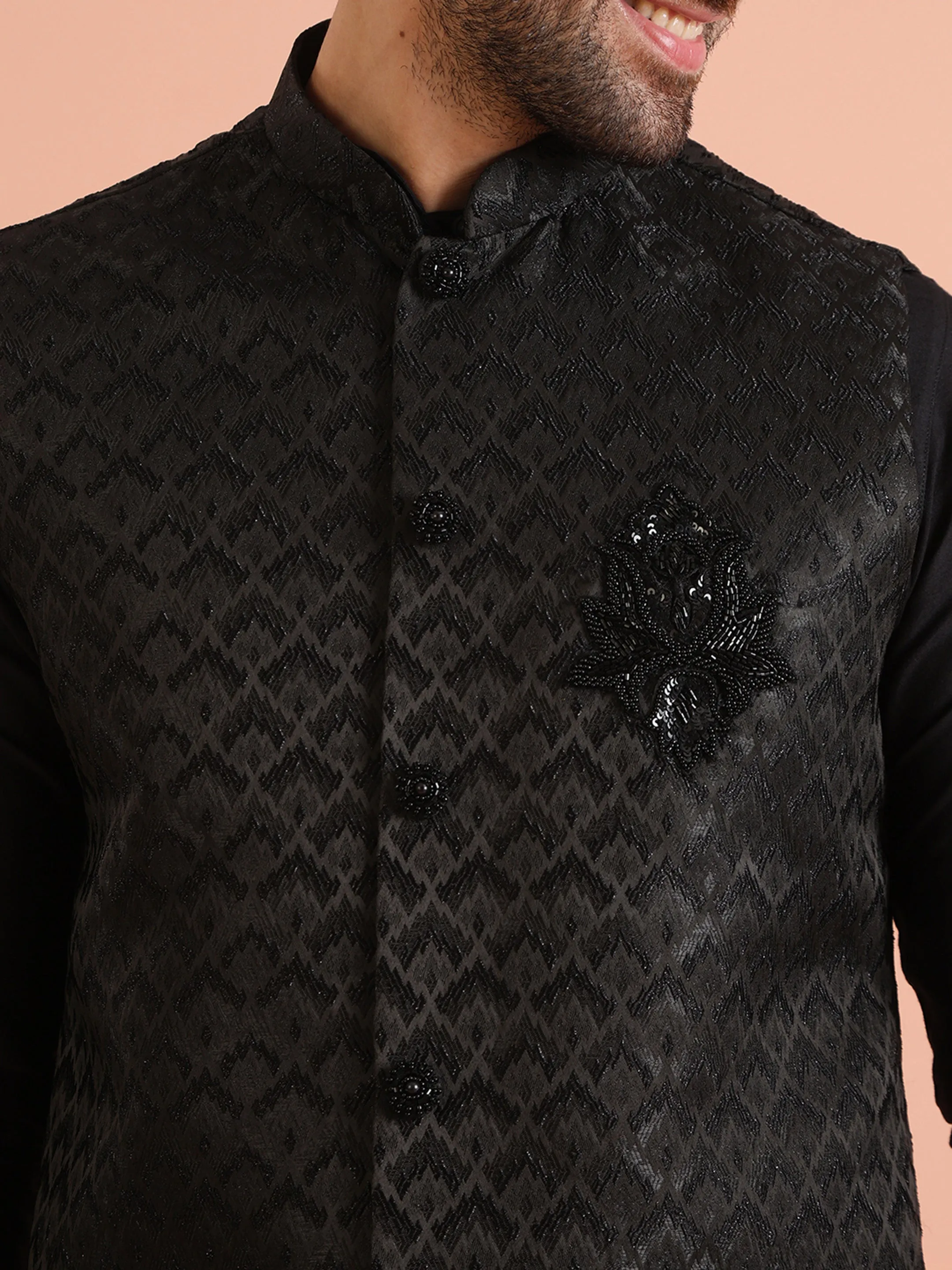 Men Black Woven Design Kurta Jacket Trousers Set