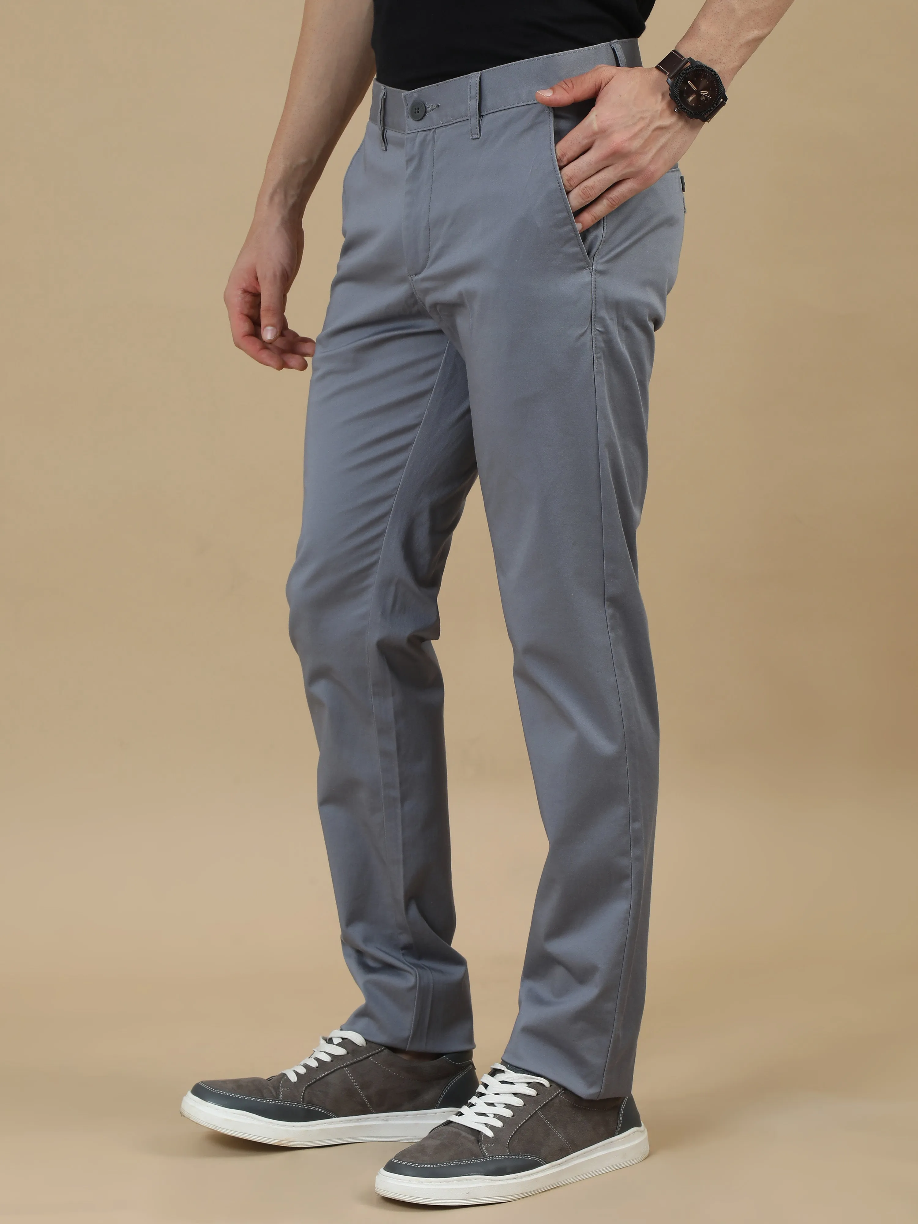 Men Grey Narrow Fit Solid Cotton Casual Trousers