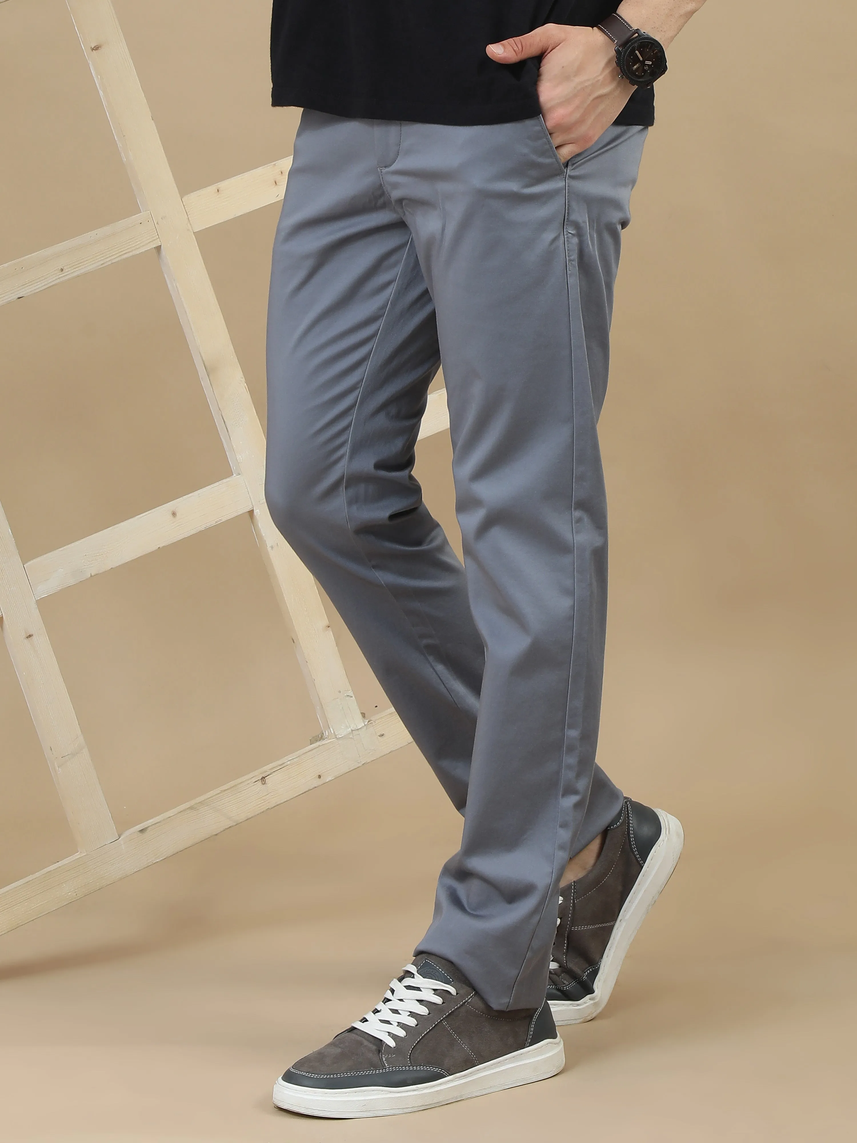 Men Grey Narrow Fit Solid Cotton Casual Trousers