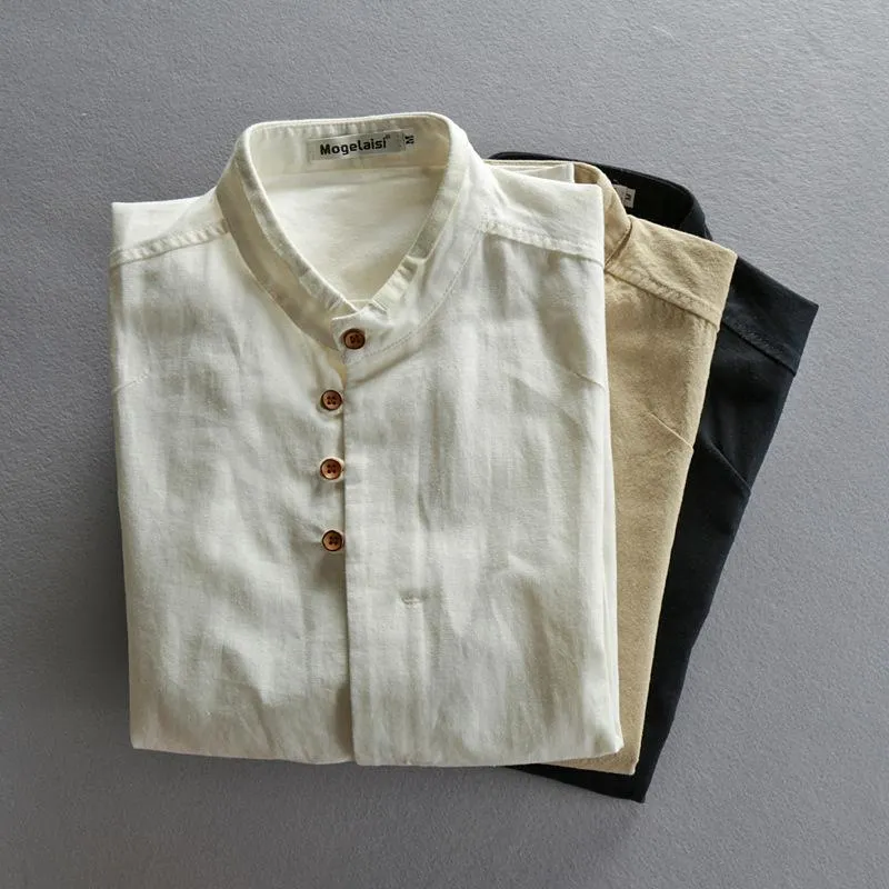 Men's Cotton and Linen Vintage Stand Collar Shirt 77017951U