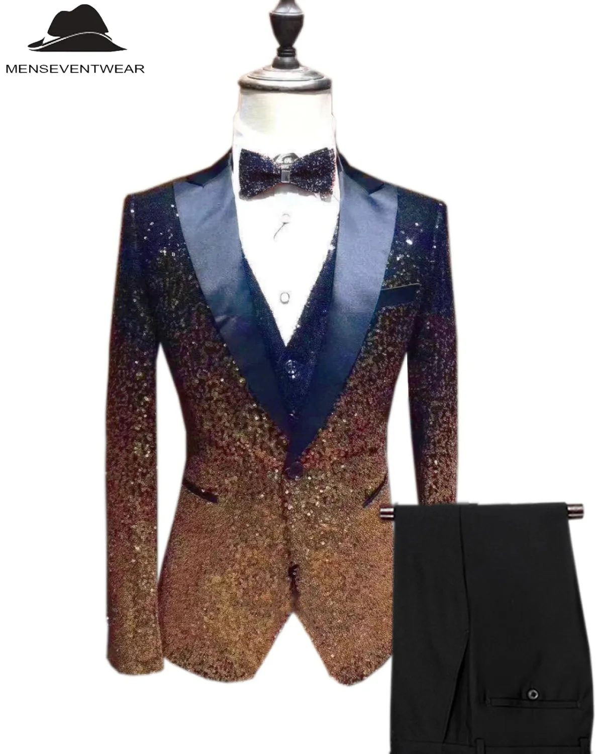 Men's Fashion Gradient Sequined Tuxedo Suit Peak lapel Men's Suit (Blazer   Vest   Pants)