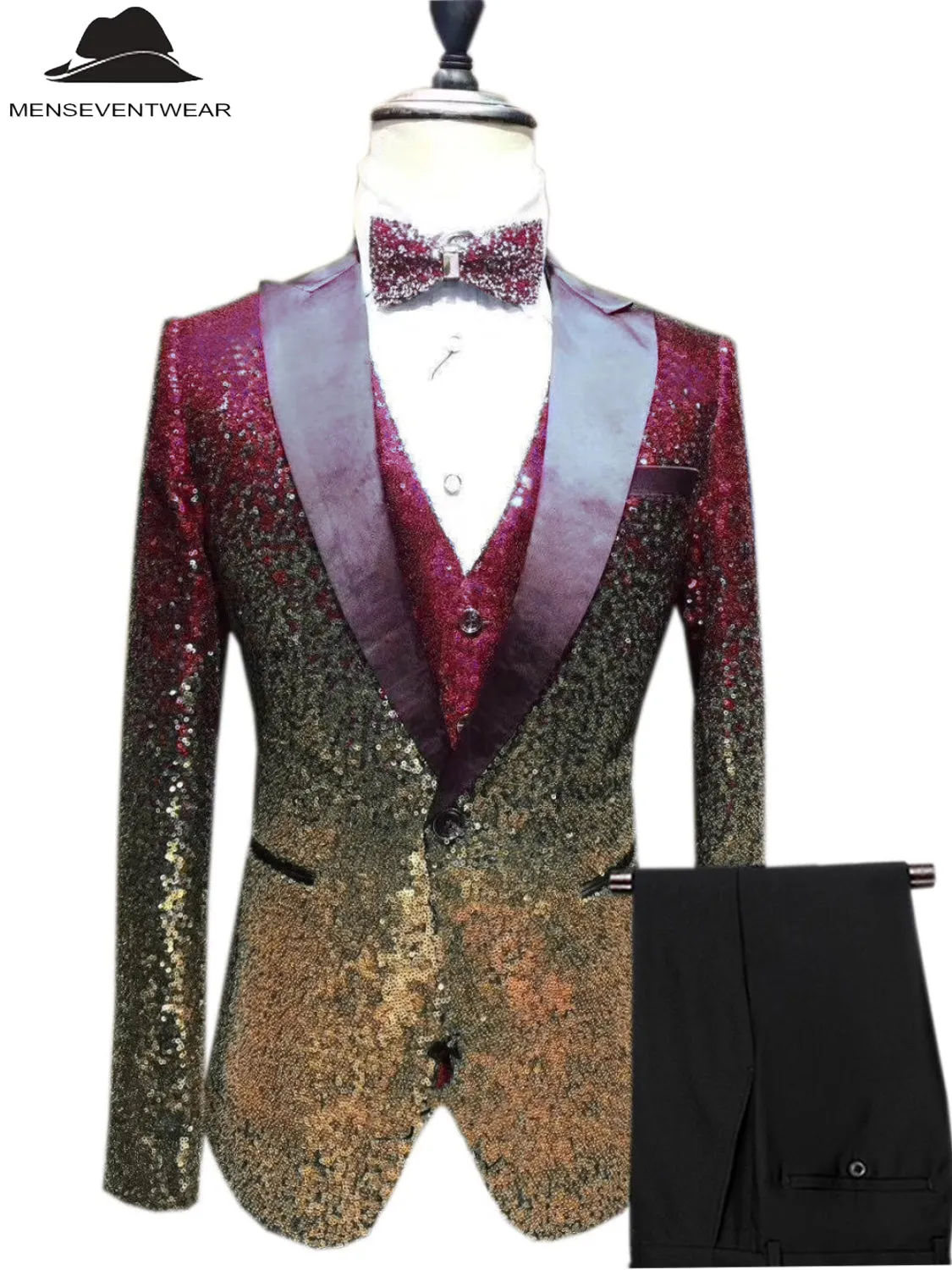 Men's Fashion Gradient Sequined Tuxedo Suit Peak lapel Men's Suit (Blazer   Vest   Pants)