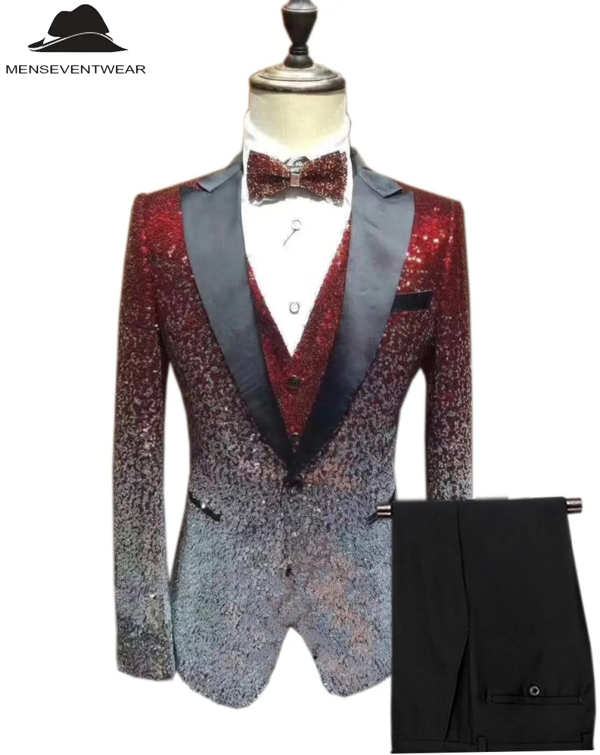 Men's Fashion Gradient Sequined Tuxedo Suit Peak lapel Men's Suit (Blazer   Vest   Pants)