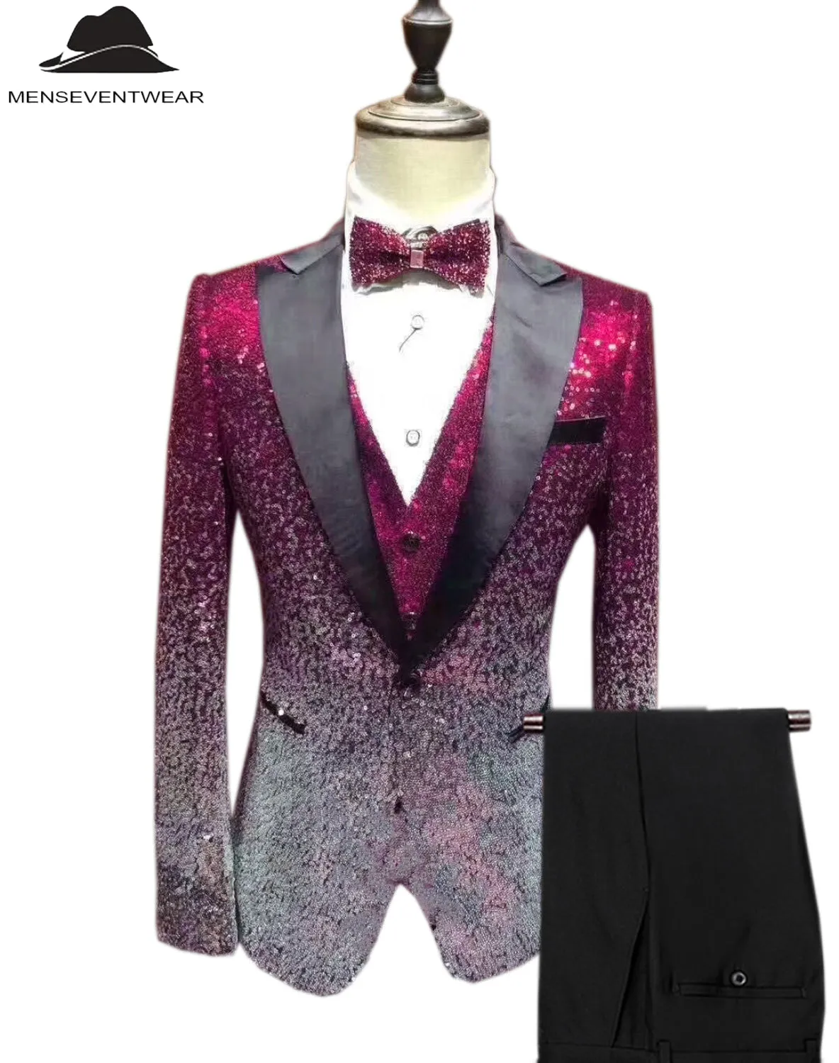 Men's Fashion Gradient Sequined Tuxedo Suit Peak lapel Men's Suit (Blazer   Vest   Pants)