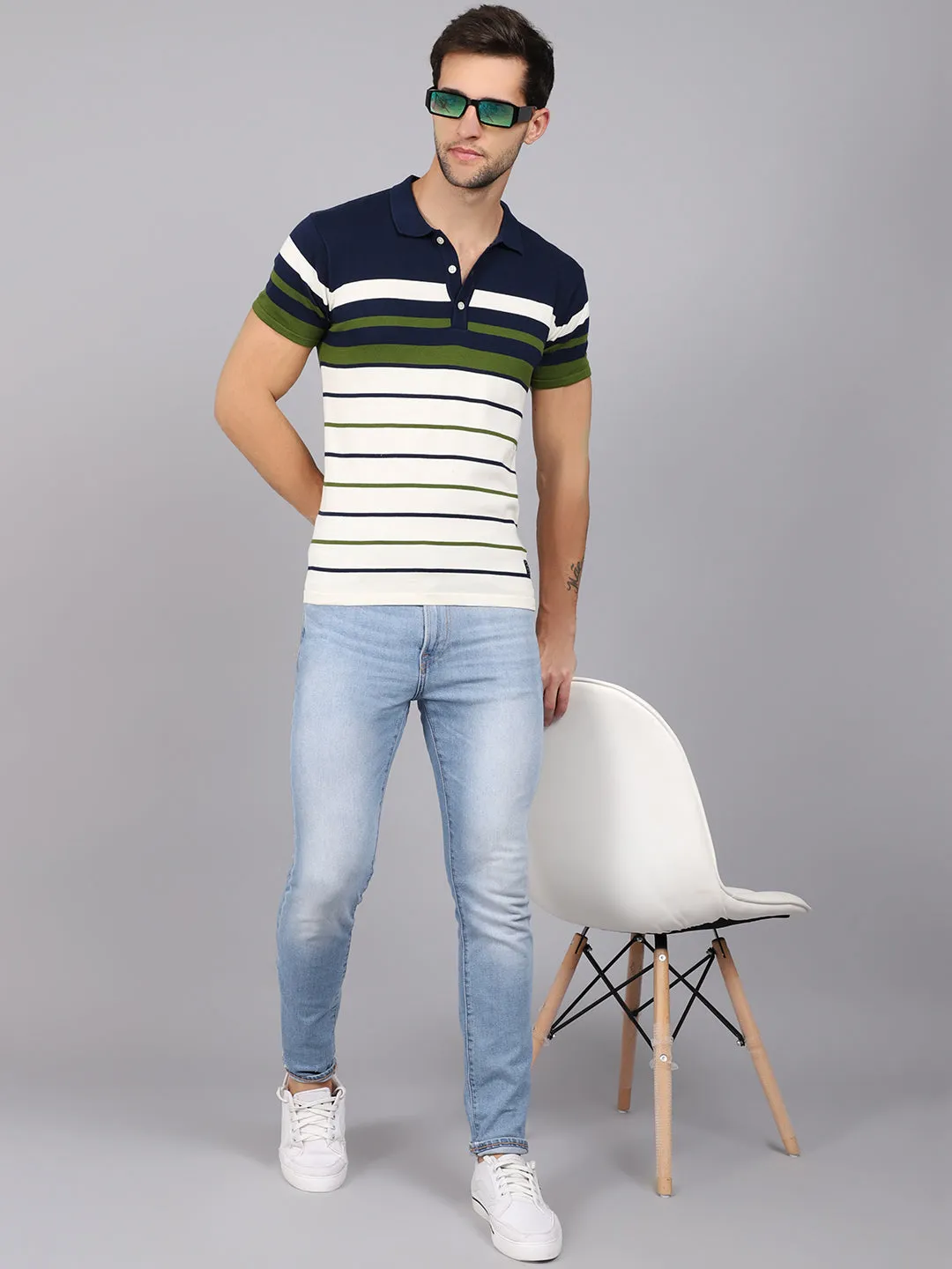 Men's Green Placement Stripe Polo neck Half Sleeve Flatknit T-Shirt