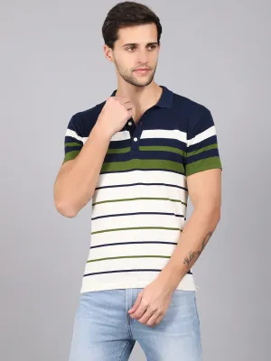 Men's Green Placement Stripe Polo neck Half Sleeve Flatknit T-Shirt