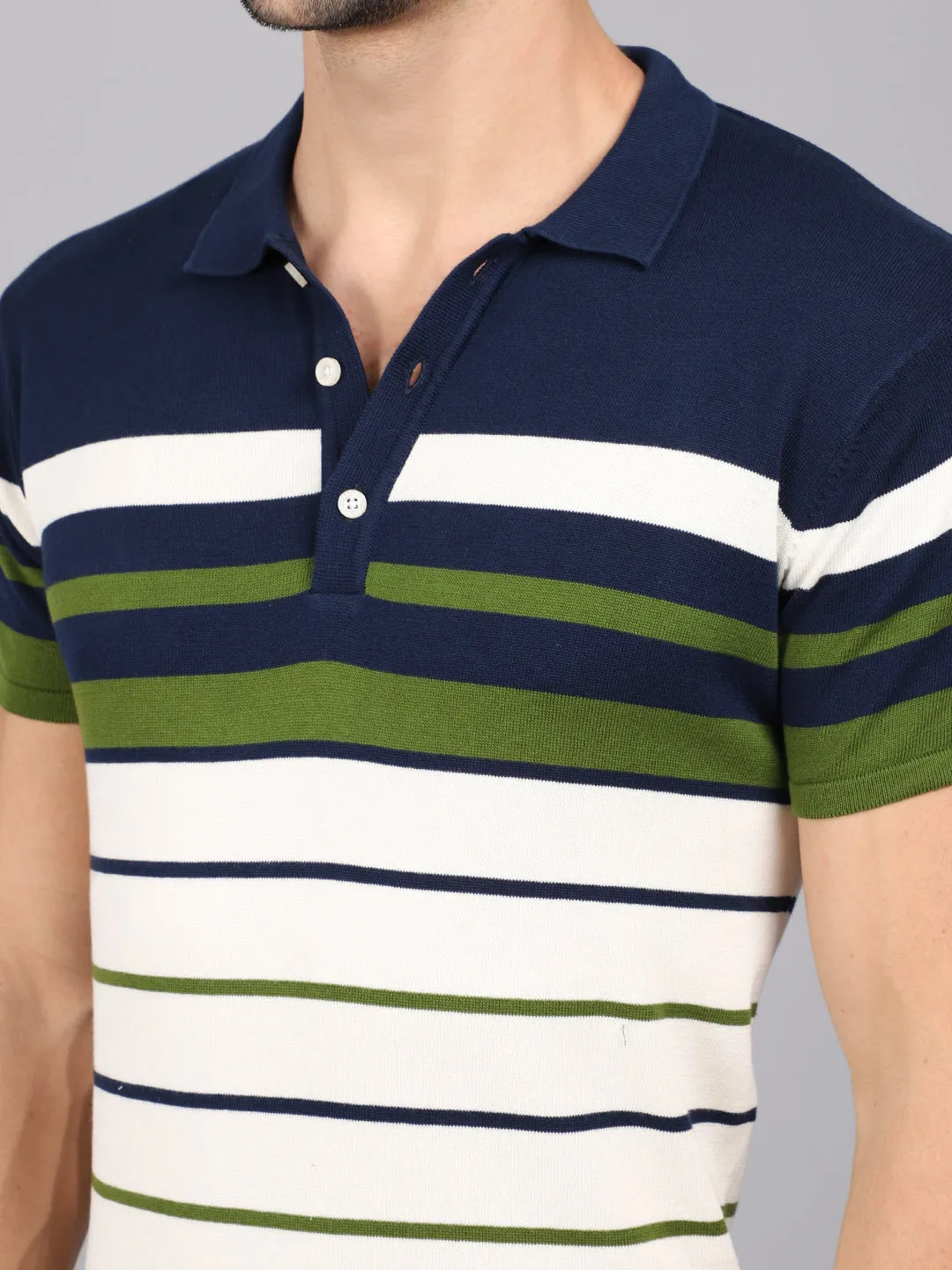 Men's Green Placement Stripe Polo neck Half Sleeve Flatknit T-Shirt