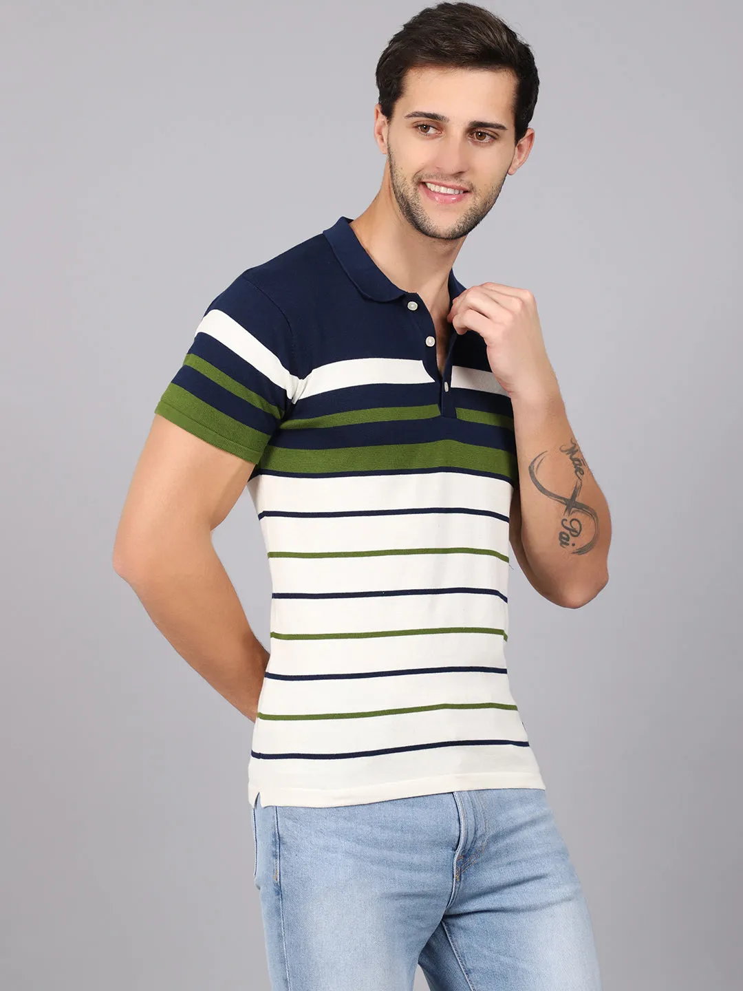 Men's Green Placement Stripe Polo neck Half Sleeve Flatknit T-Shirt