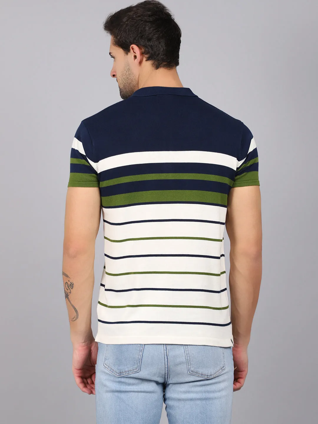 Men's Green Placement Stripe Polo neck Half Sleeve Flatknit T-Shirt