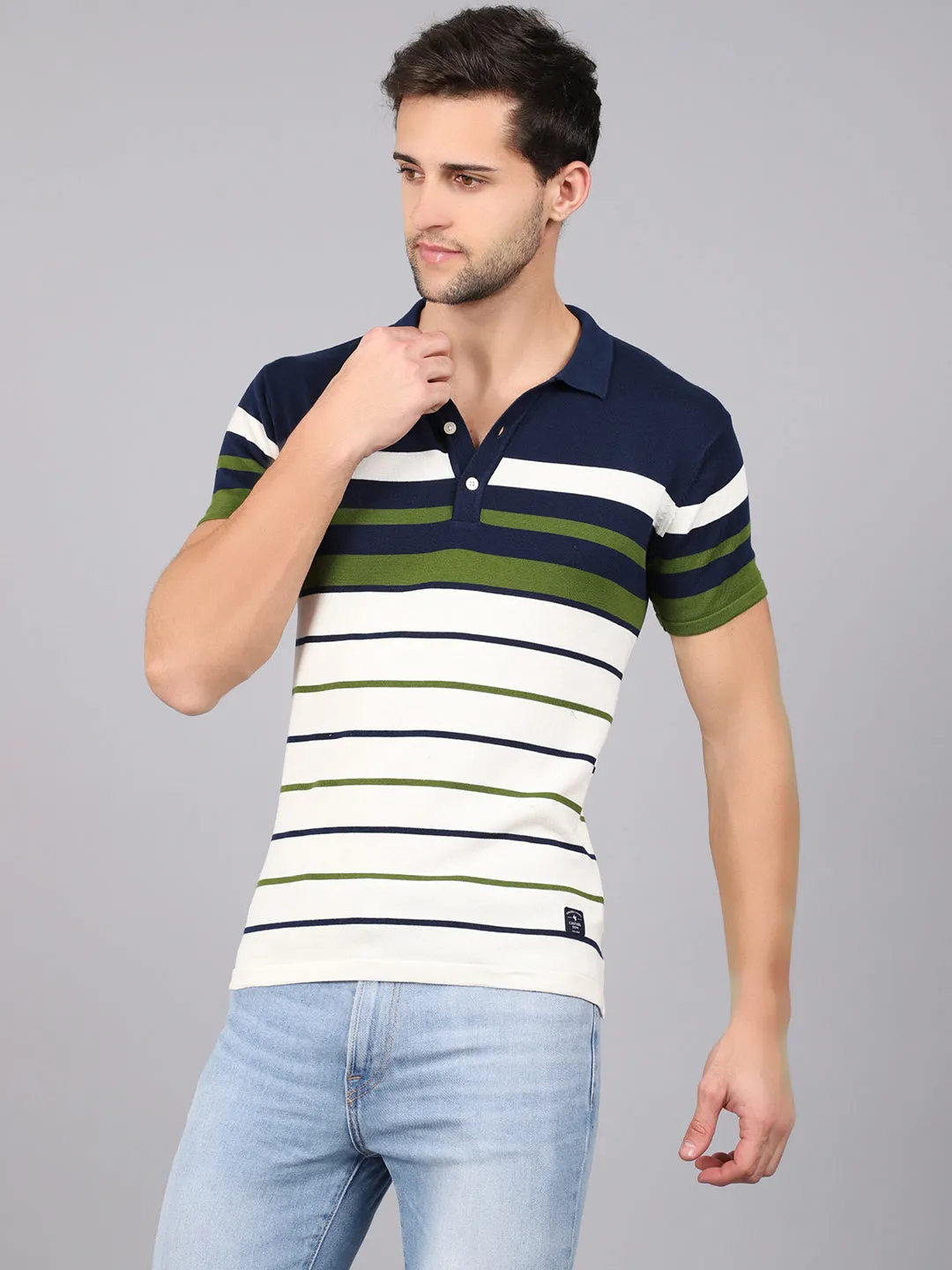 Men's Green Placement Stripe Polo neck Half Sleeve Flatknit T-Shirt