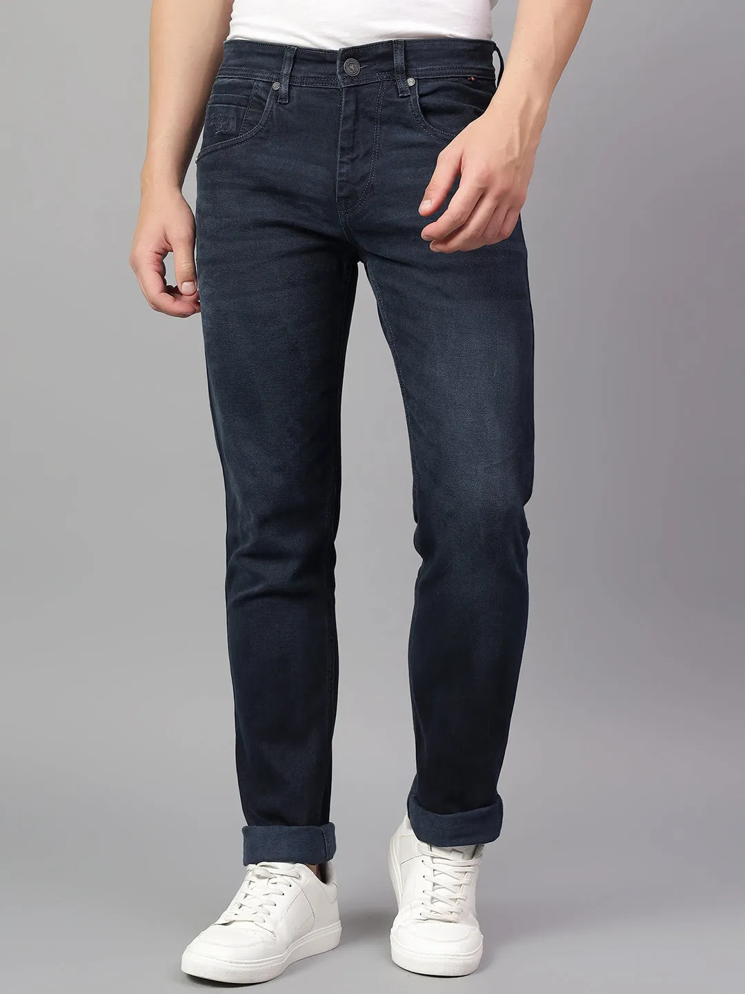 Men's Navy Blue Solid Stretchable Jeans