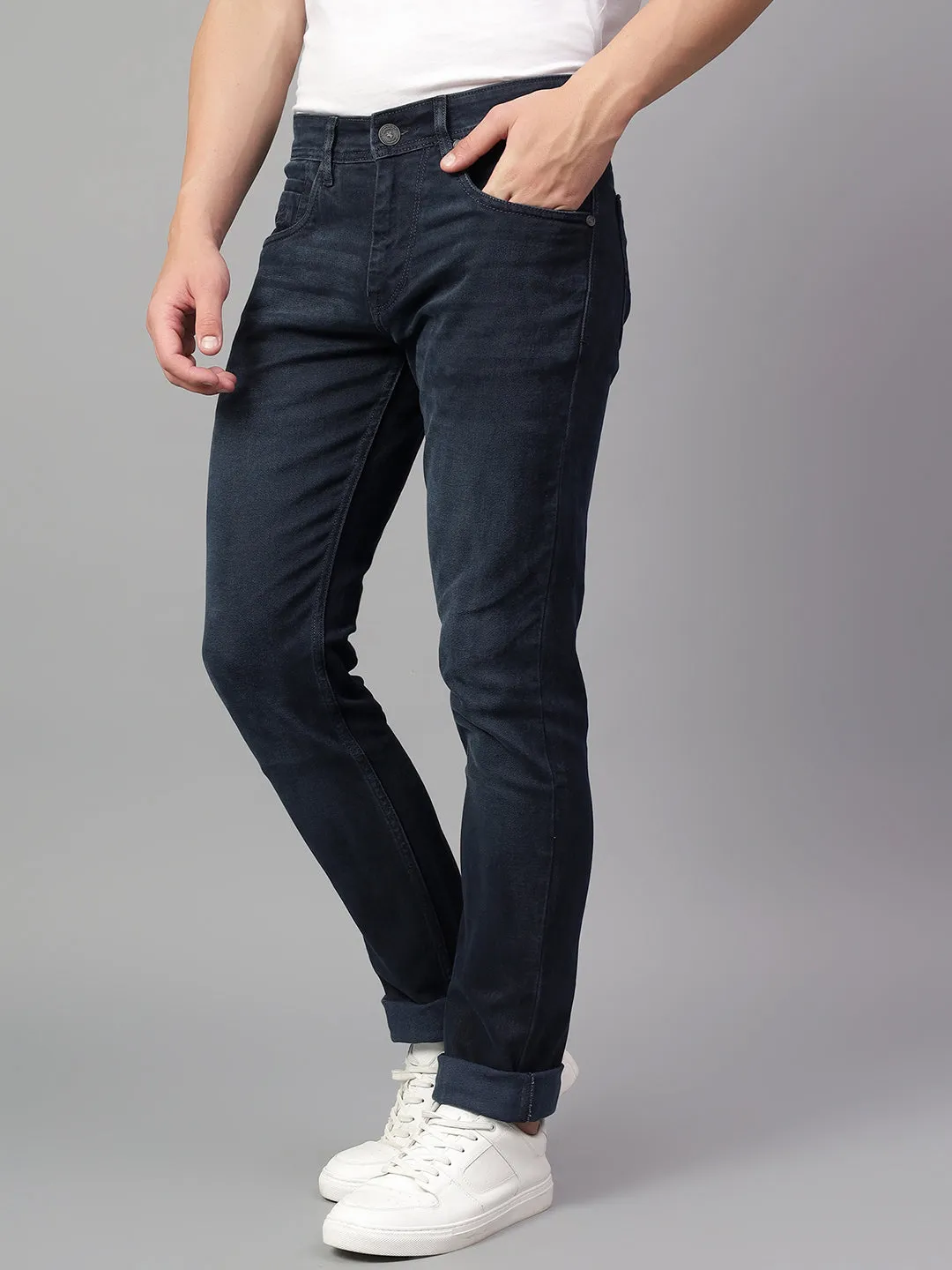 Men's Navy Blue Solid Stretchable Jeans