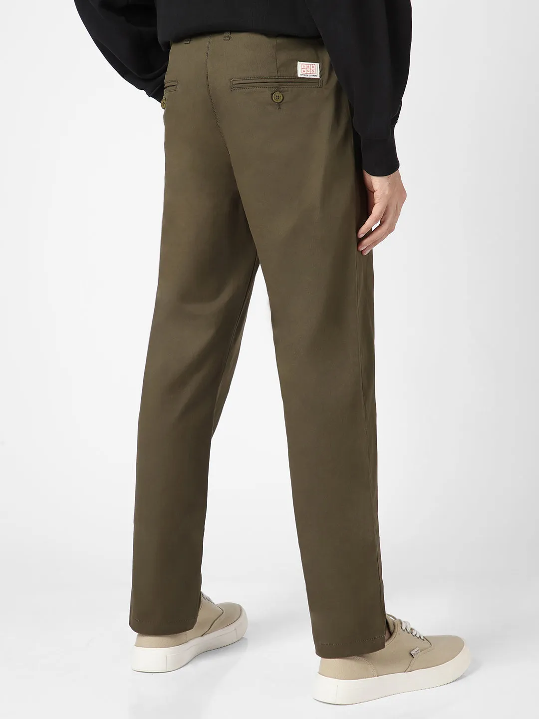 Men's Olive Green Cotton Regular Fit Casual Chinos Trousers Stretch