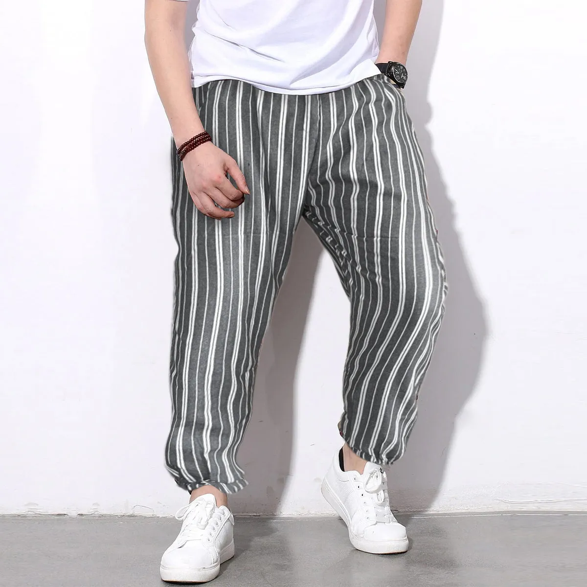 Men's Pants Loose Greyish Stripped Jogger Breathable Casual Harem Pants