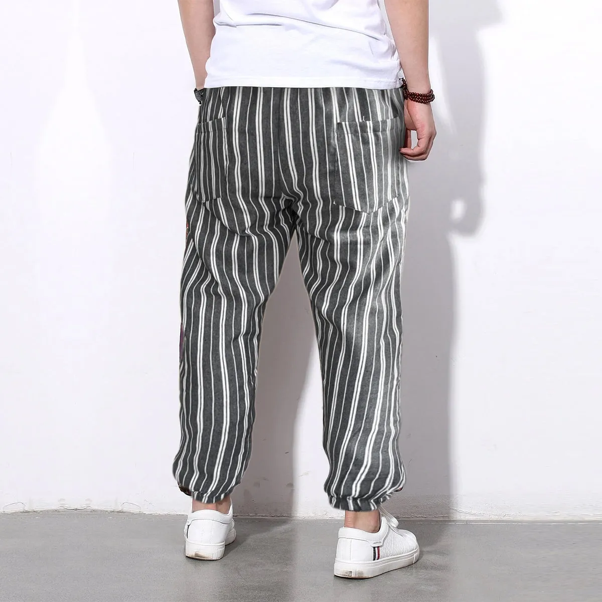 Men's Pants Loose Greyish Stripped Jogger Breathable Casual Harem Pants