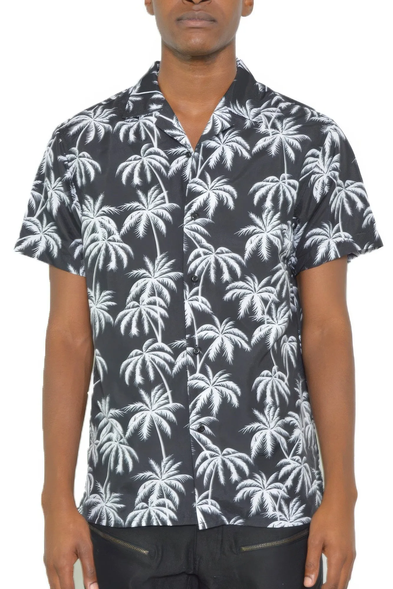 Mens Short Sleeve Button Down Black Tropical Shirt