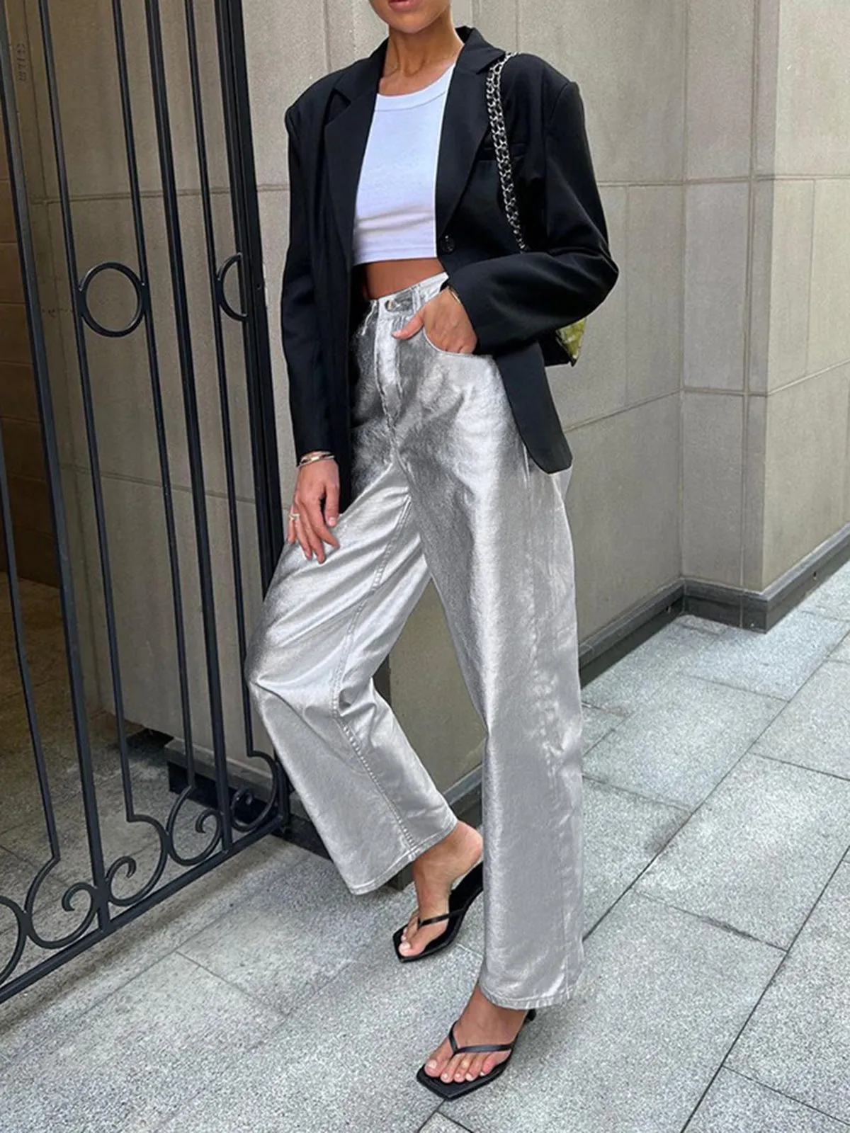 Metallic Leather Graceful Straight Leg Pants