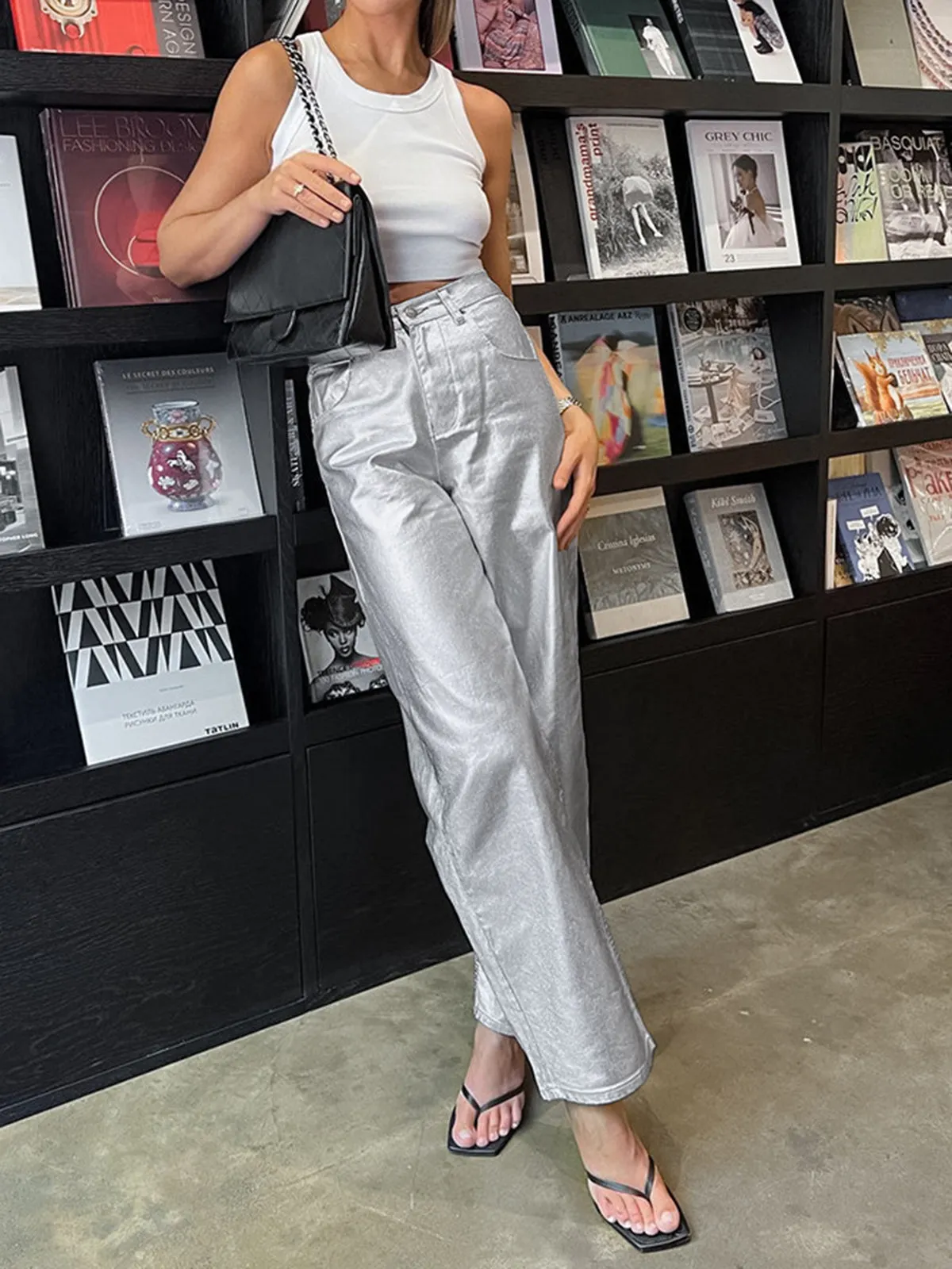 Metallic Leather Graceful Straight Leg Pants