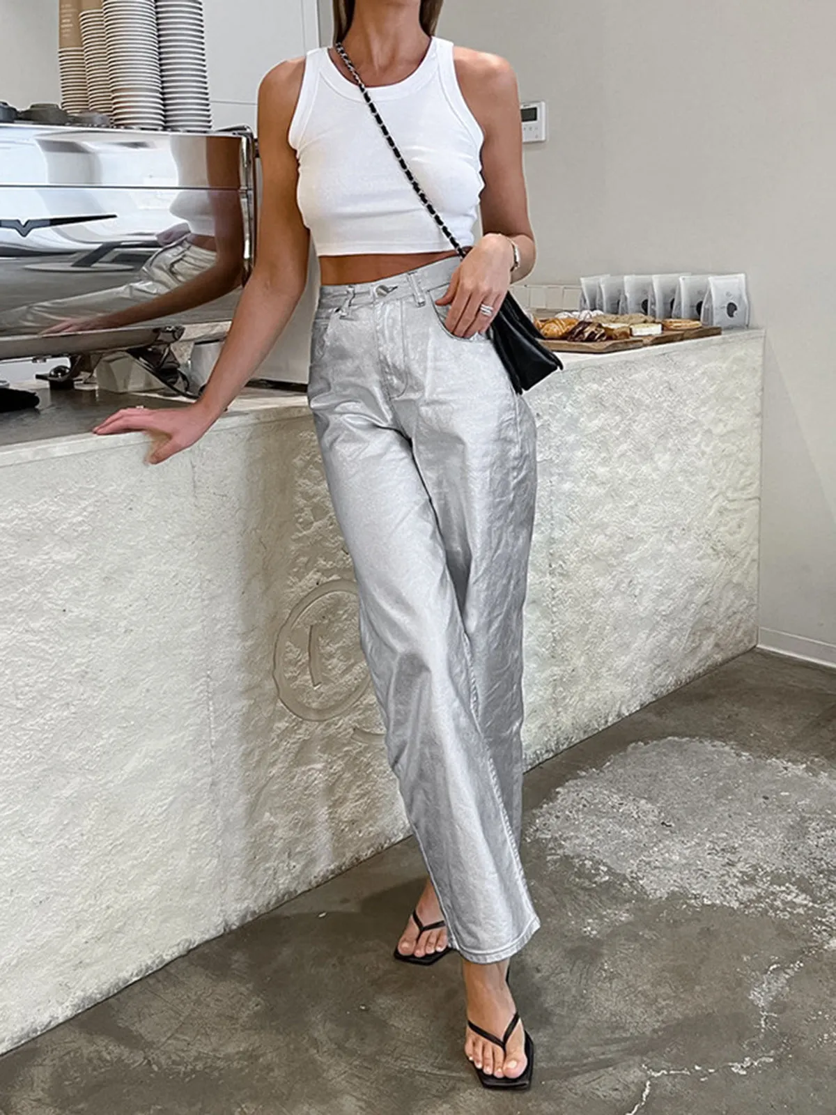 Metallic Leather Graceful Straight Leg Pants