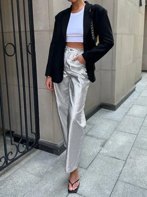 Metallic Leather Graceful Straight Leg Pants