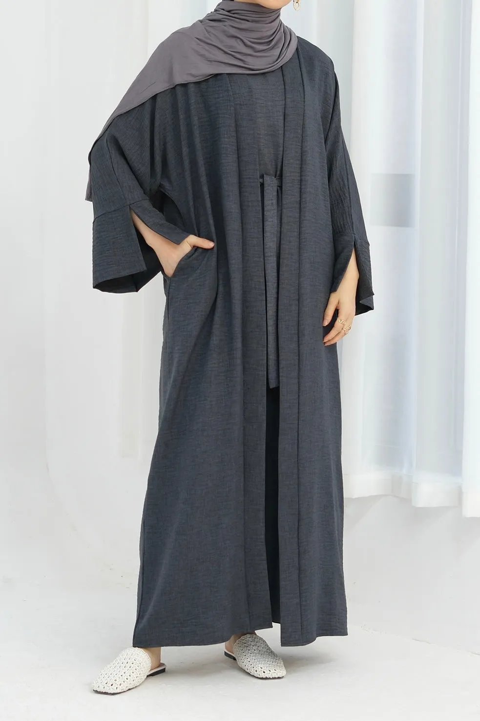 Najwa 2PCS Modest Abaya Set with belt 823 - Dark Gray