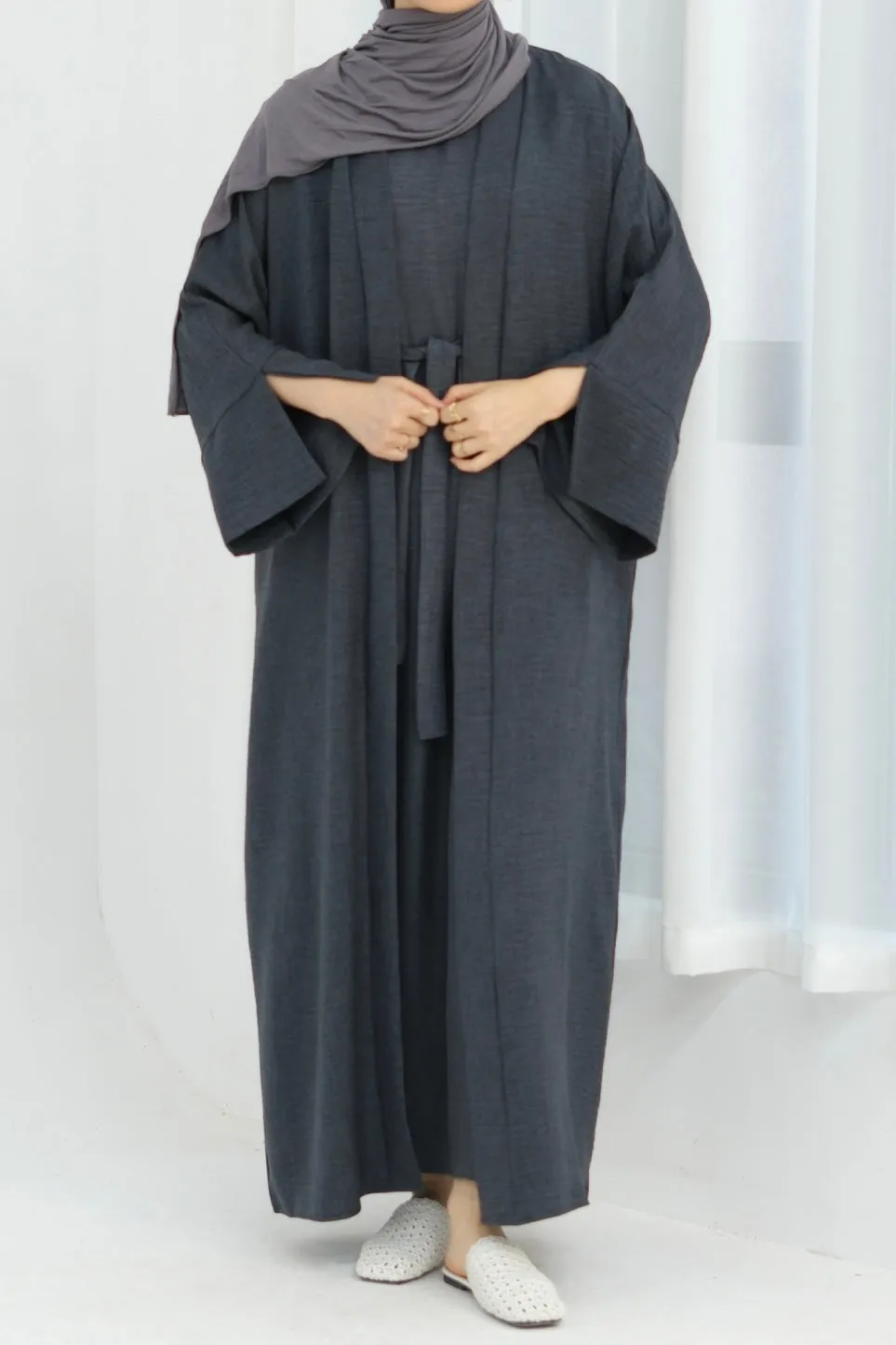 Najwa 2PCS Modest Abaya Set with belt 823 - Dark Gray