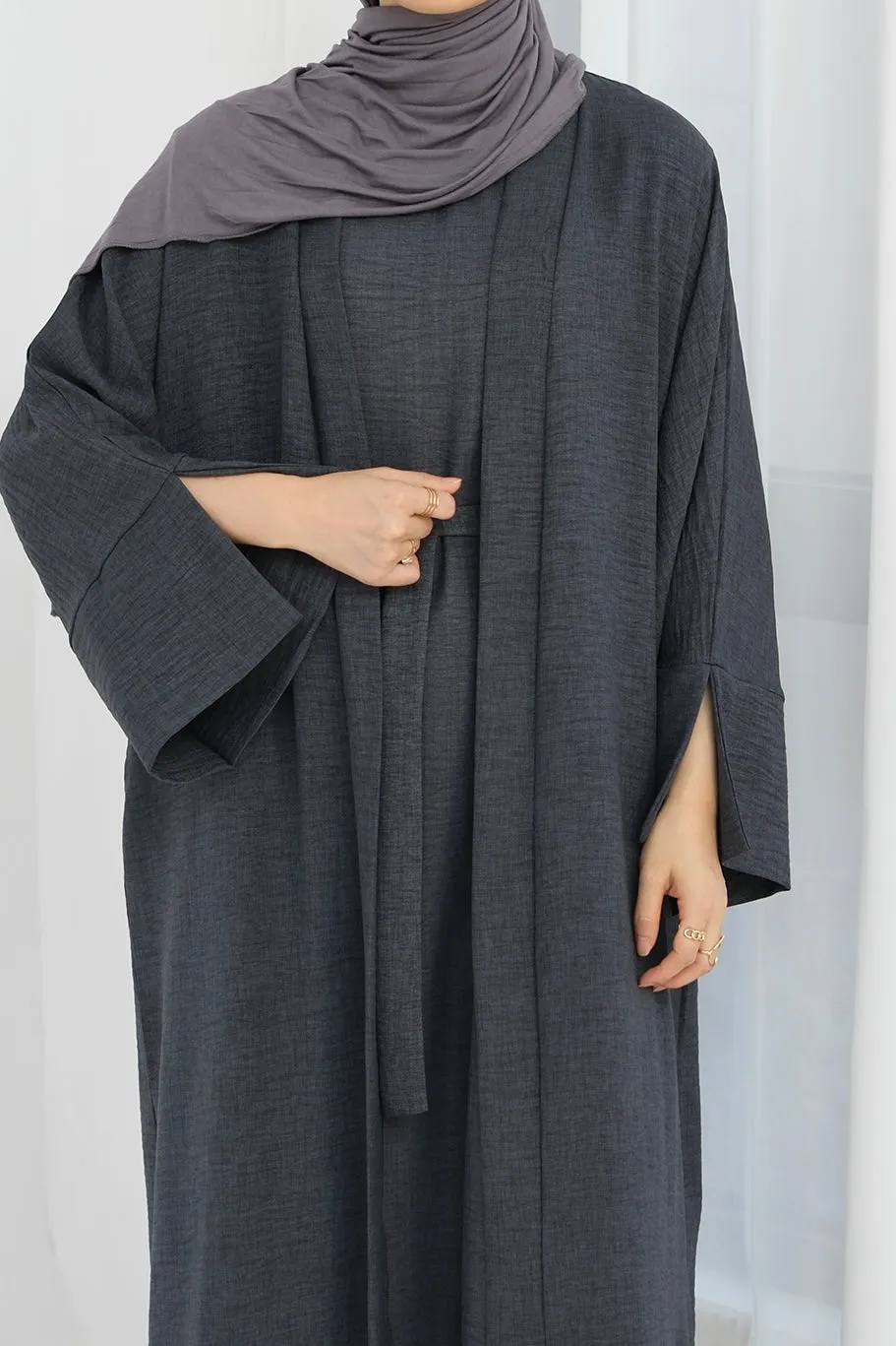 Najwa 2PCS Modest Abaya Set with belt 823 - Dark Gray