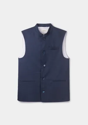 Navy Cotton Linen Nehru Waistcoat