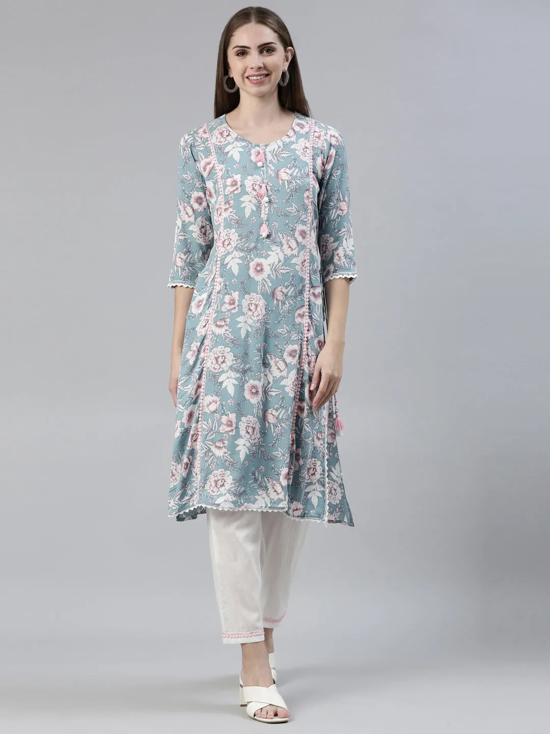 Neeru's Blue Regular Knee Length Printed Kurta Solid Trousers