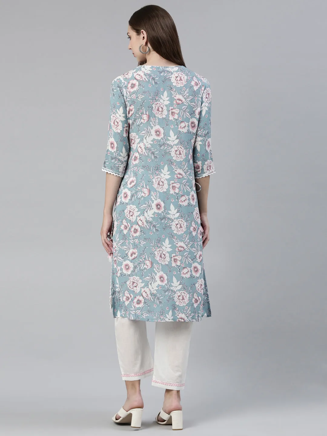 Neeru's Blue Regular Knee Length Printed Kurta Solid Trousers