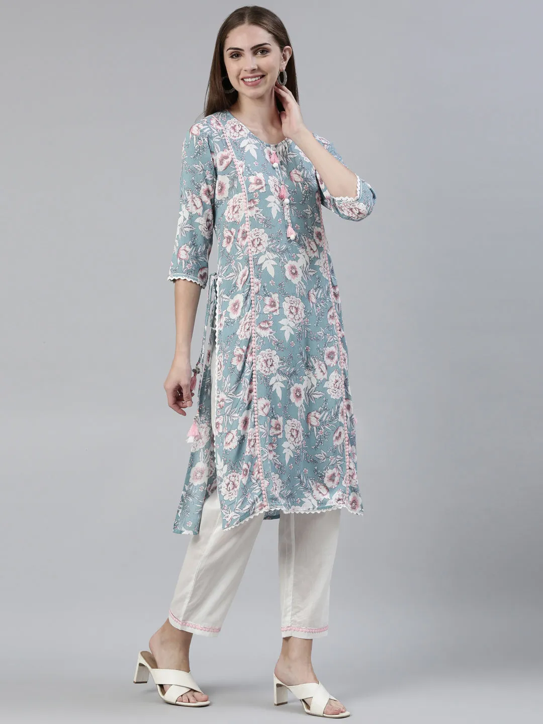 Neeru's Blue Regular Knee Length Printed Kurta Solid Trousers