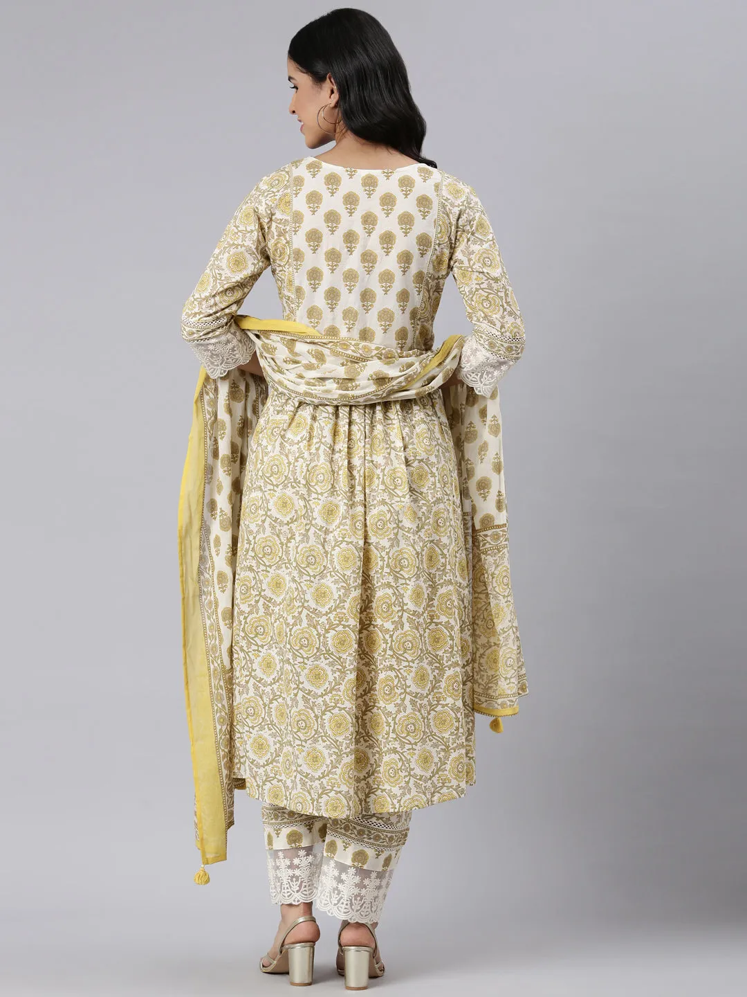 Neerus Brown Pleated Straight Printed Kurta and Trousers With Dupatta