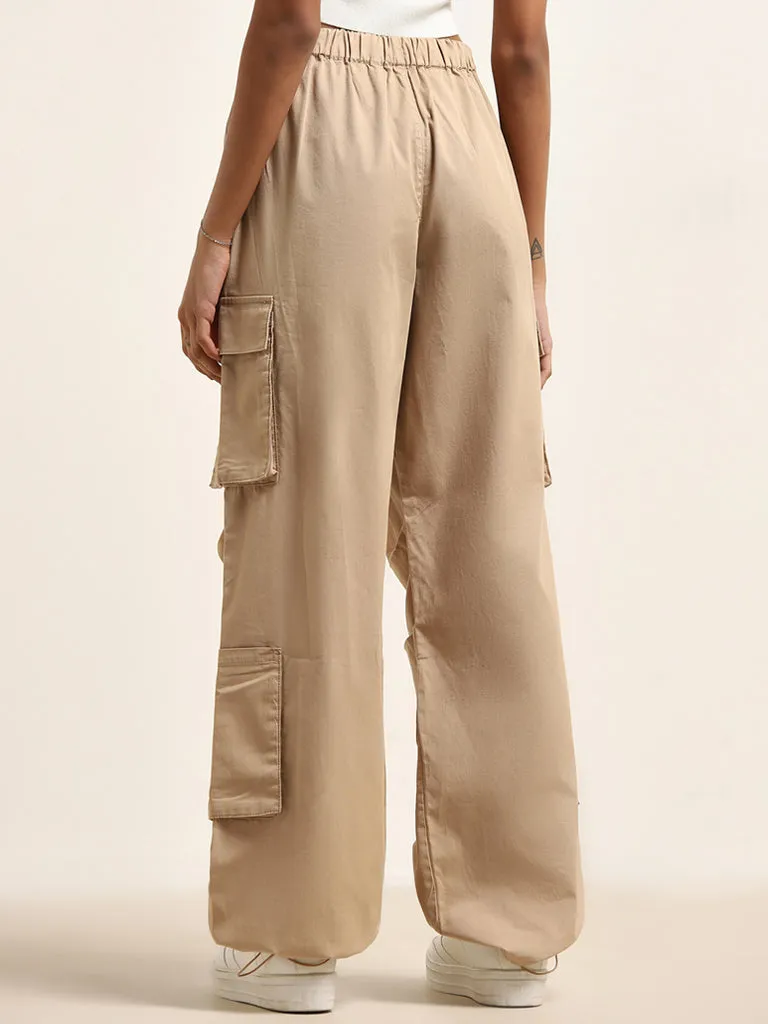 Nuon Beige Cargo-Style High-Rise Cotton Blend Trousers