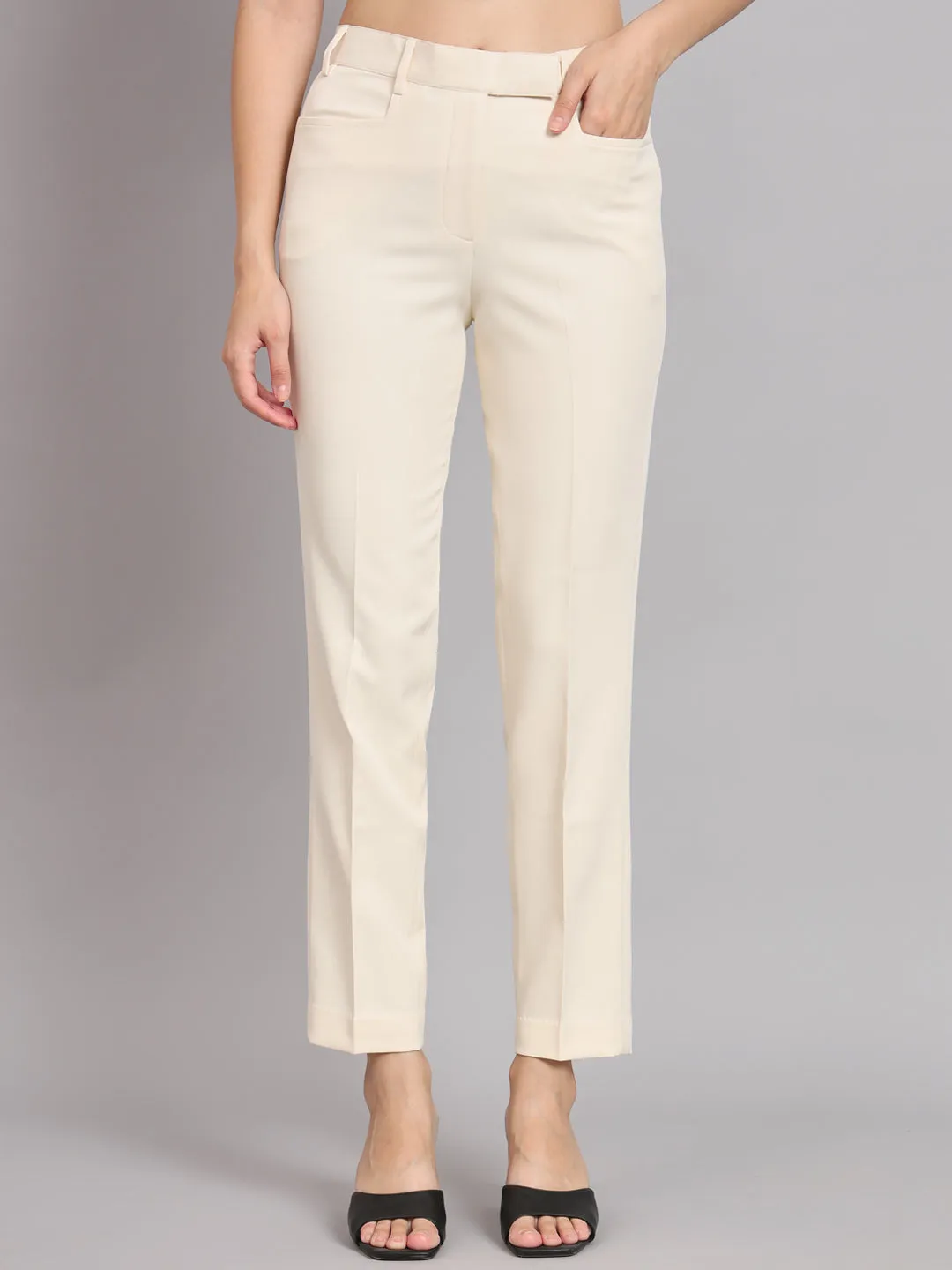 Off-White Polyester Regular fit Formal Trouser