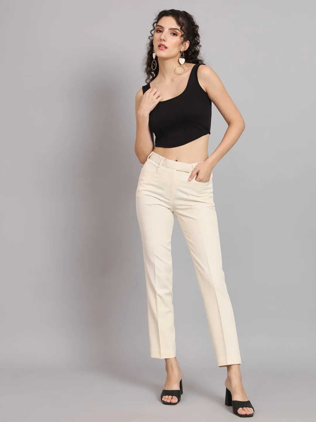 Off-White Polyester Regular fit Formal Trouser