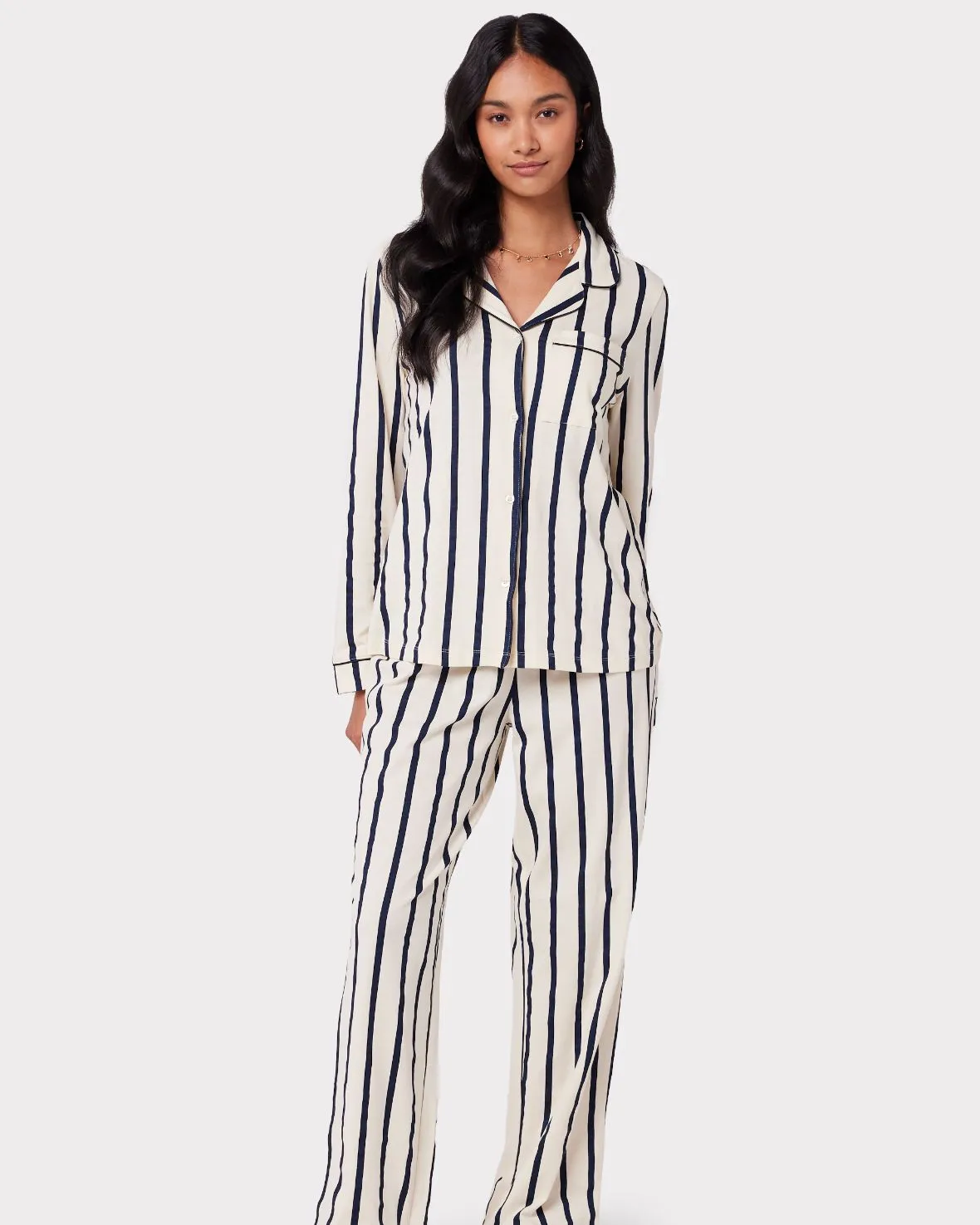 Organic Cotton Stripe Long Pyjama Set - Navy