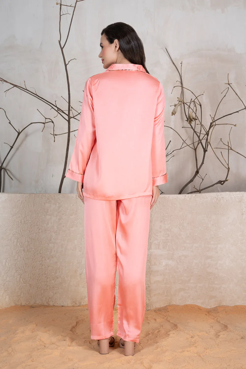 Peach Satin Classic collar Night suit