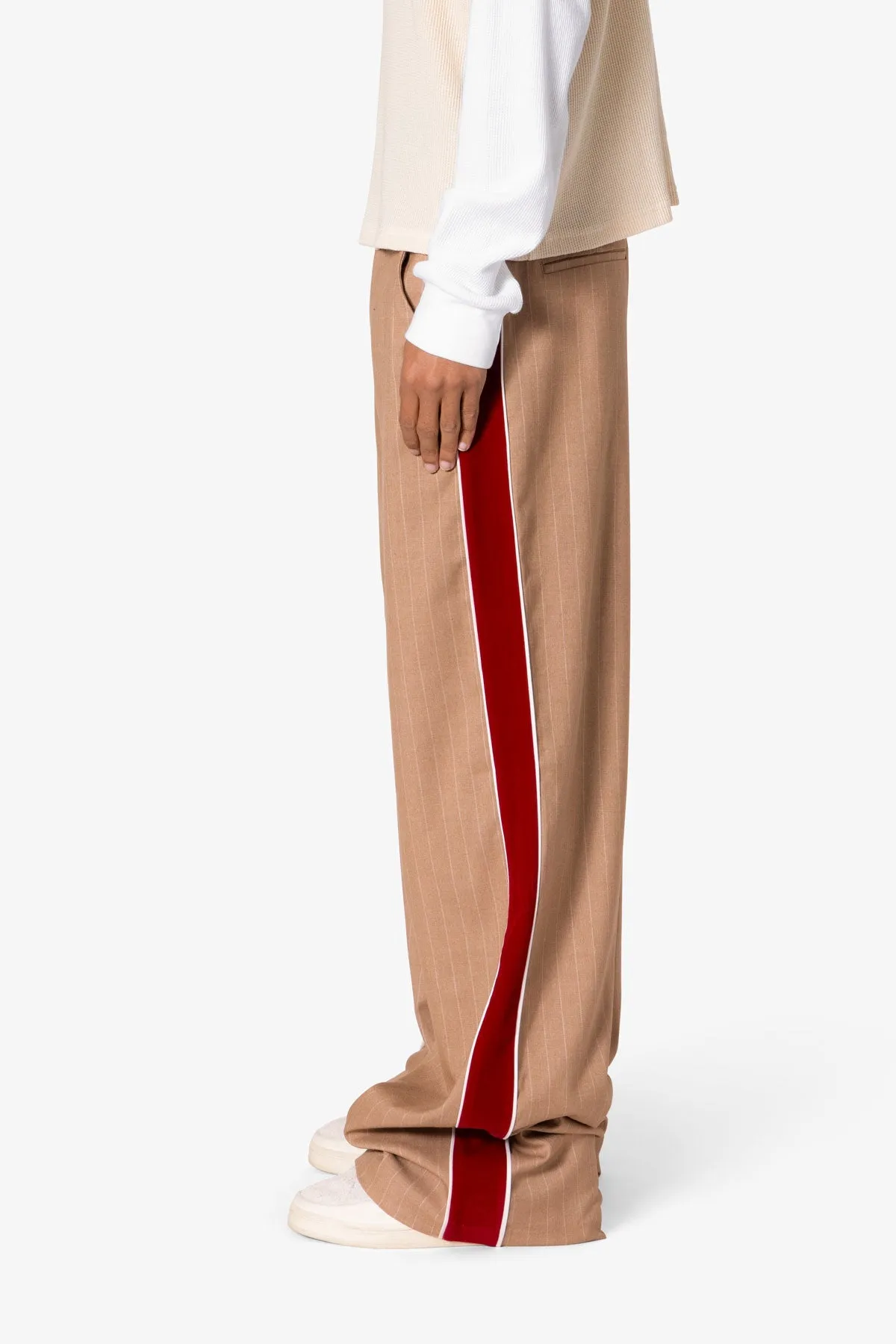 Pinstripe Velvet Trim Trouser Pants - Tan